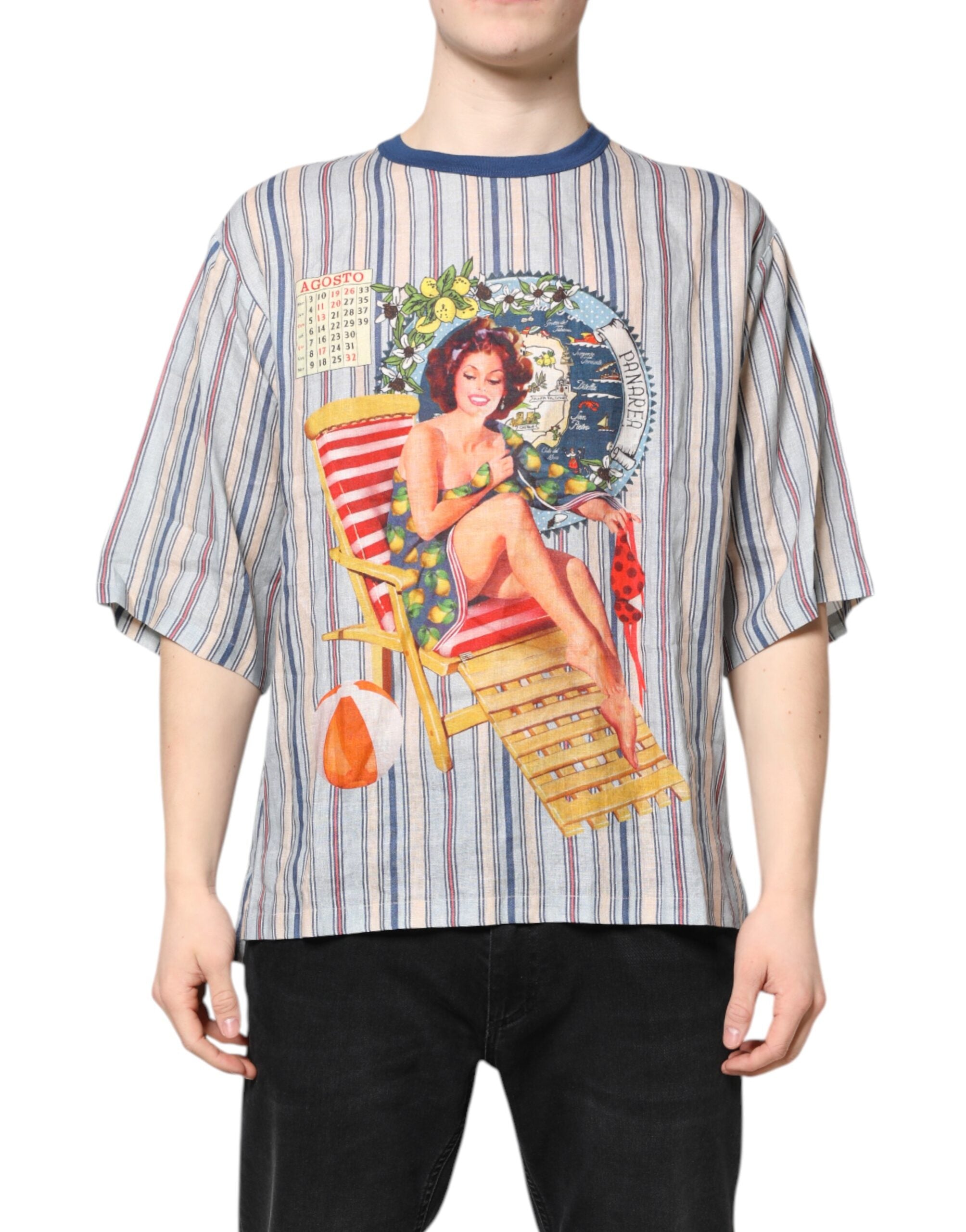 Camiseta de lino con cuello redondo y estampado pin-up de rayas multicolor de Dolce & Gabbana-1