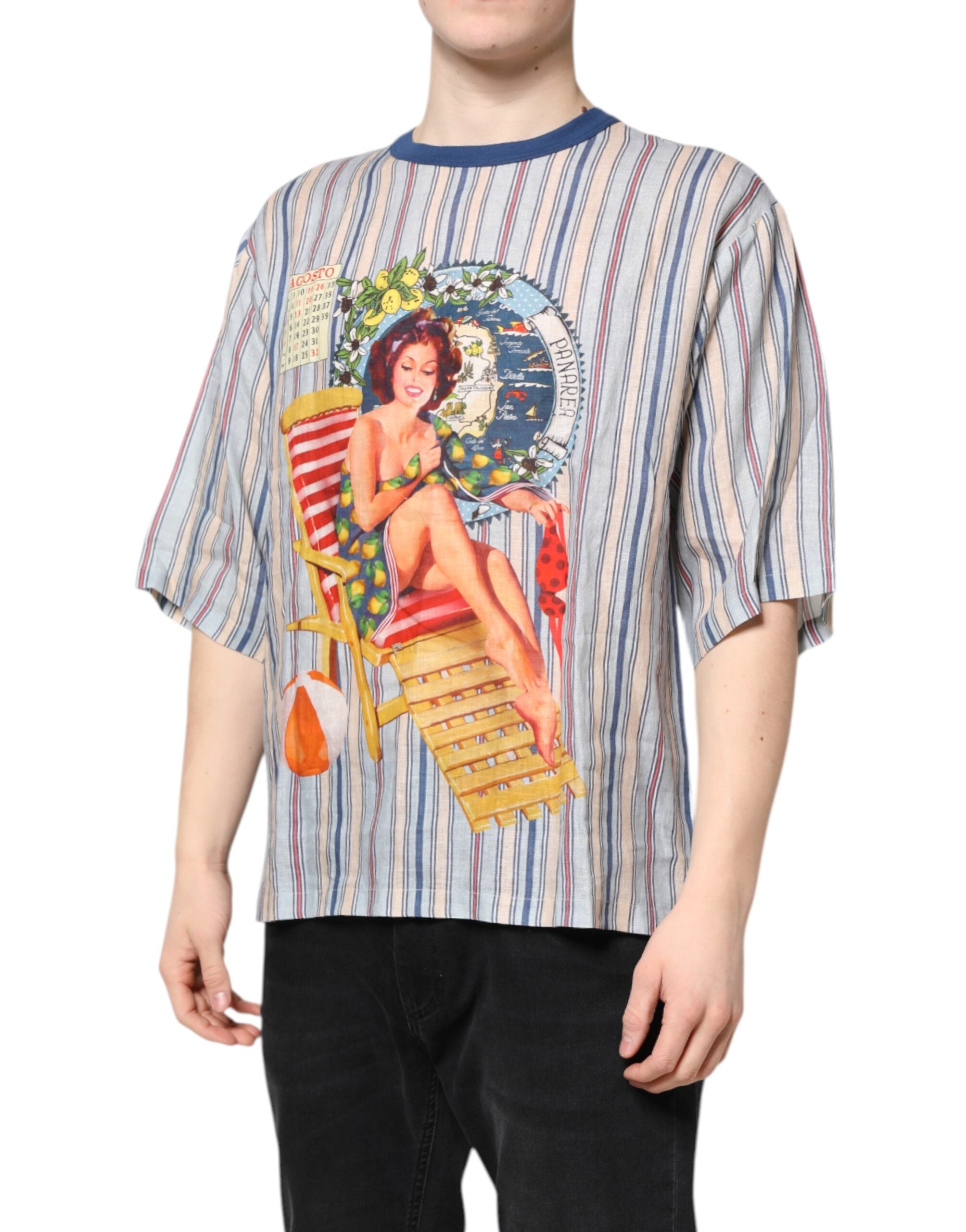 Camiseta de lino con cuello redondo y estampado pin-up de rayas multicolor de Dolce & Gabbana-3