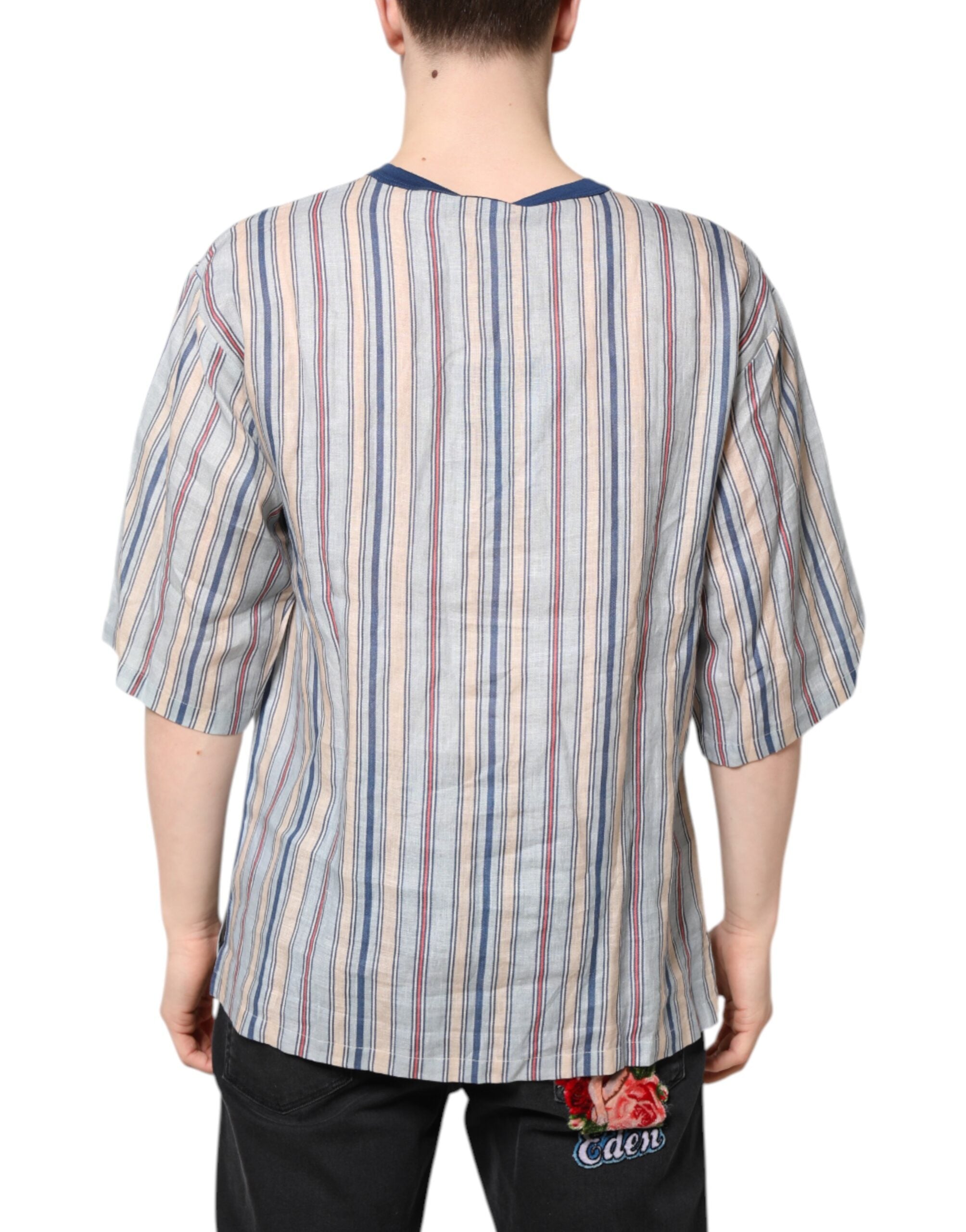 Camiseta de lino con cuello redondo y estampado pin-up de rayas multicolor de Dolce & Gabbana-4