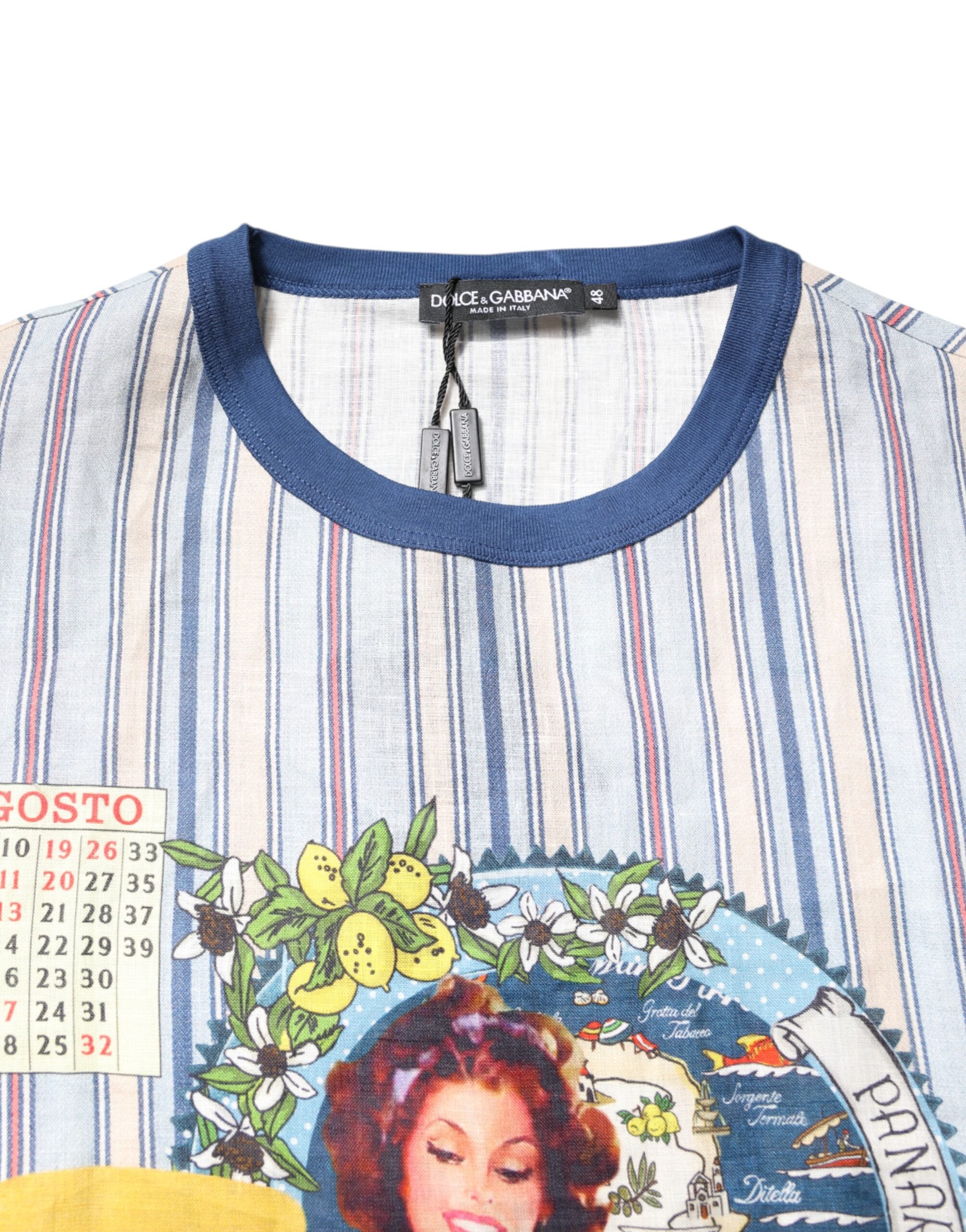 Camiseta de lino con cuello redondo y estampado pin-up de rayas multicolor de Dolce & Gabbana-5