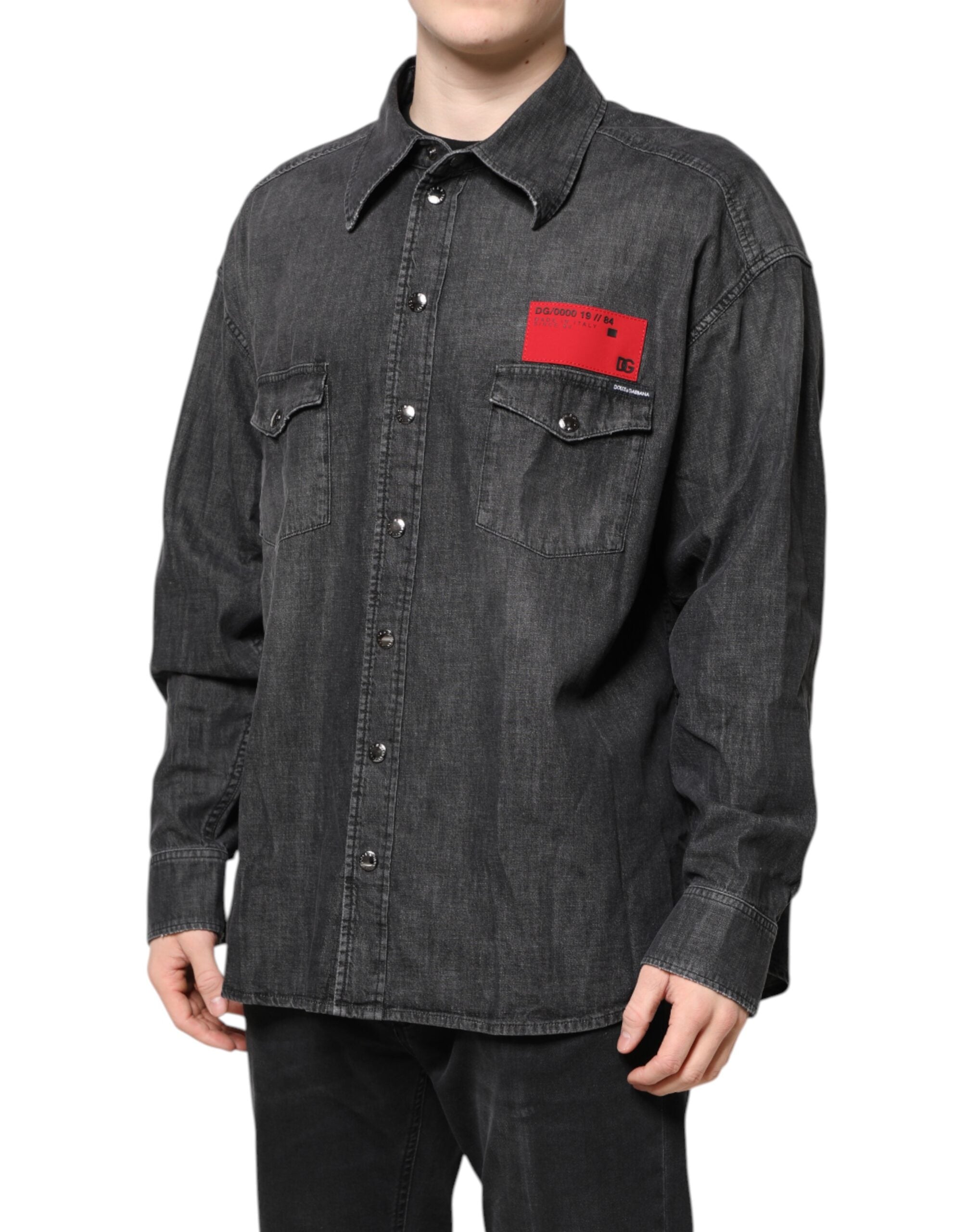Dolce & Gabbana Graues Denim-Hemd mit langen Ärmeln und Knopfleiste-3
