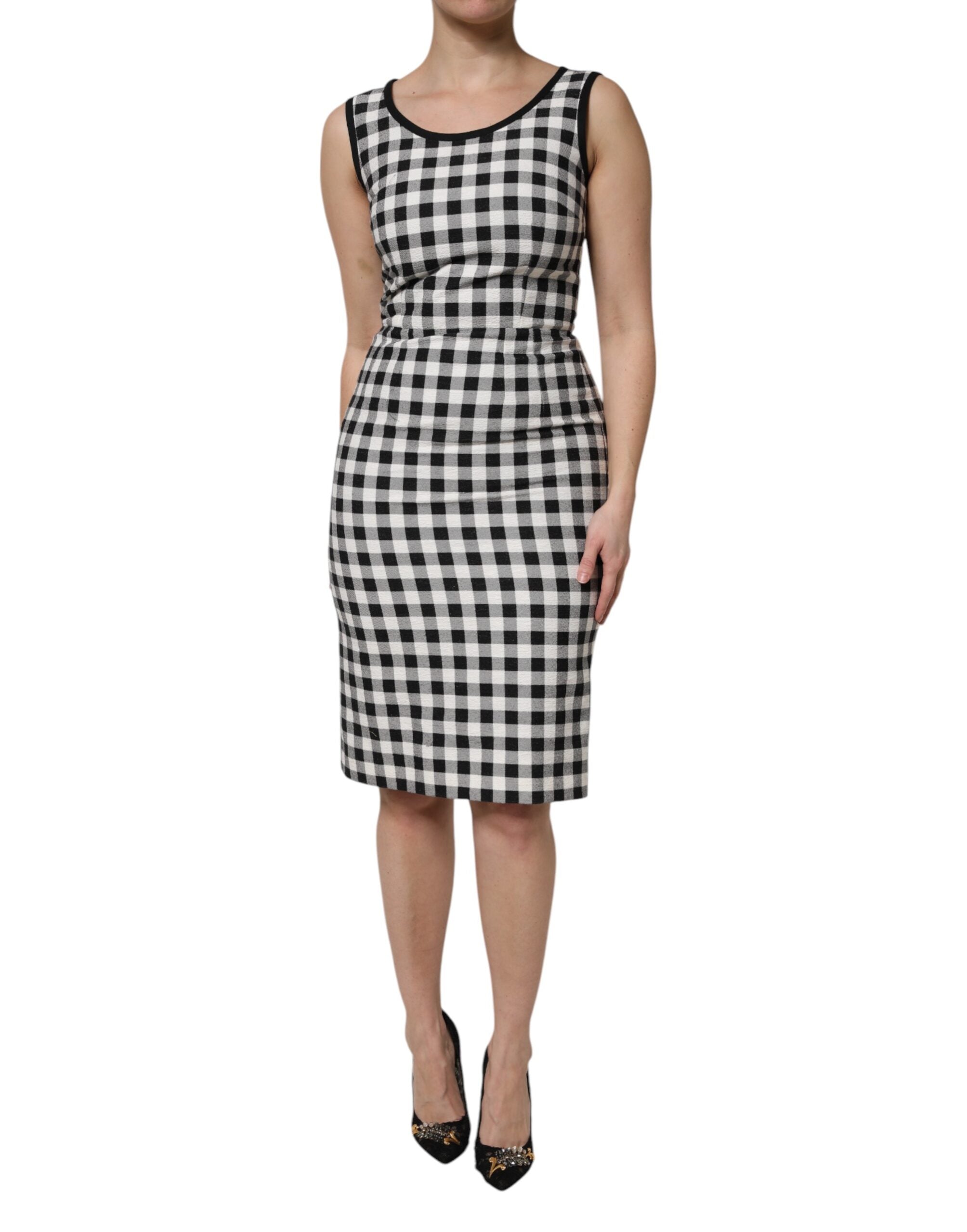 Dolce & Gabbana White Black Check Sleeveless Sheath Dress-1