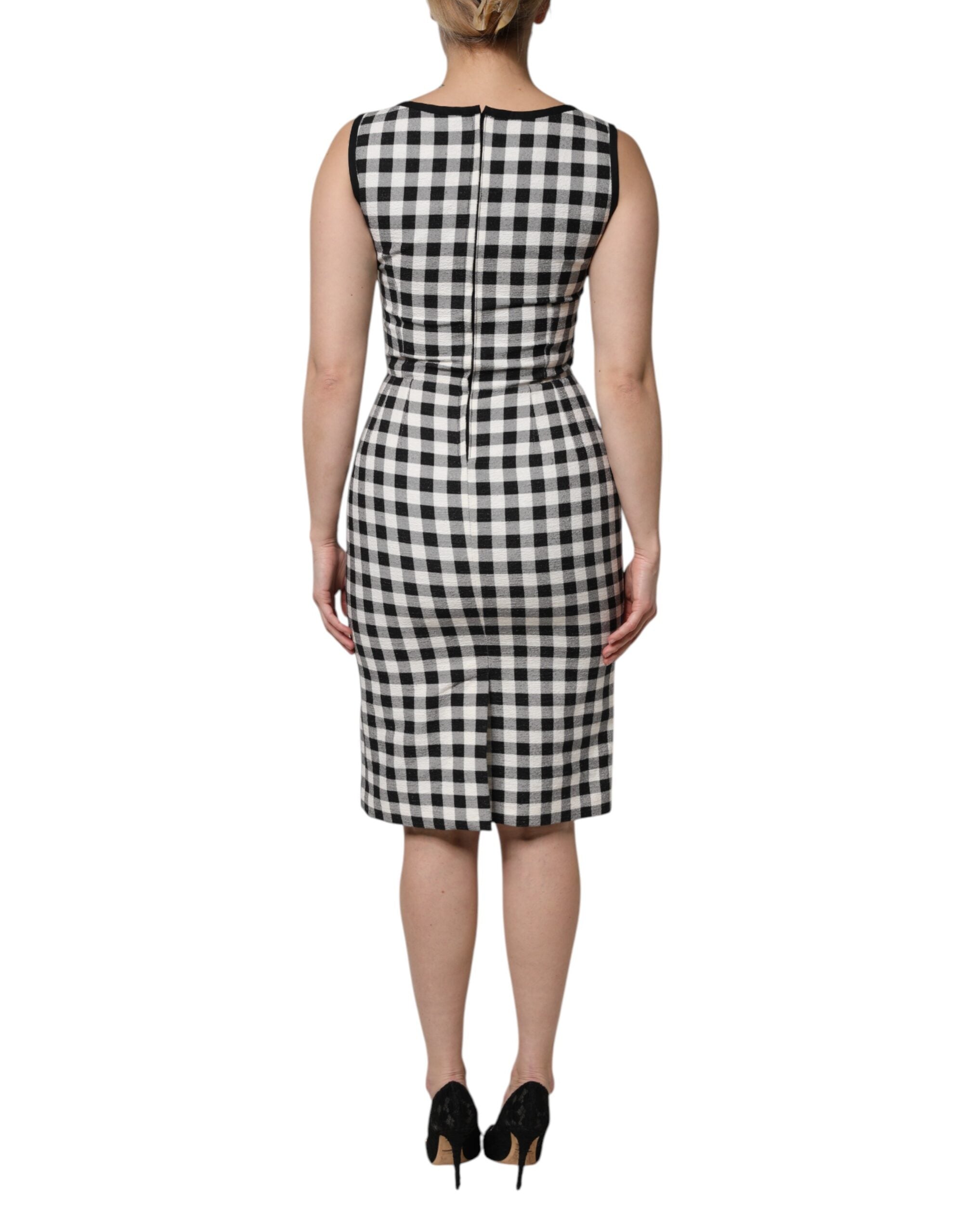Dolce & Gabbana White Black Check Sleeveless Sheath Dress-4