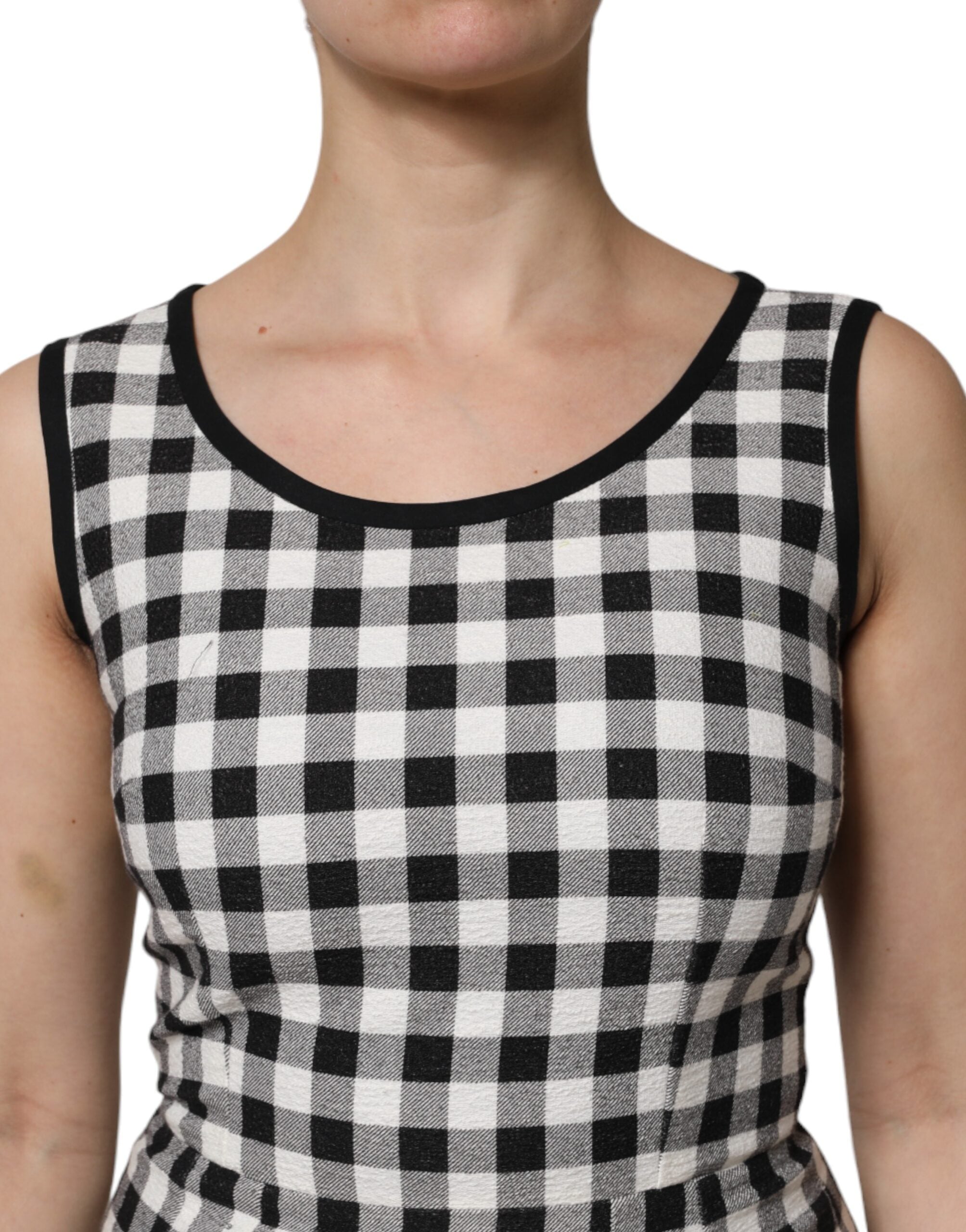 Dolce & Gabbana White Black Check Sleeveless Sheath Dress-5