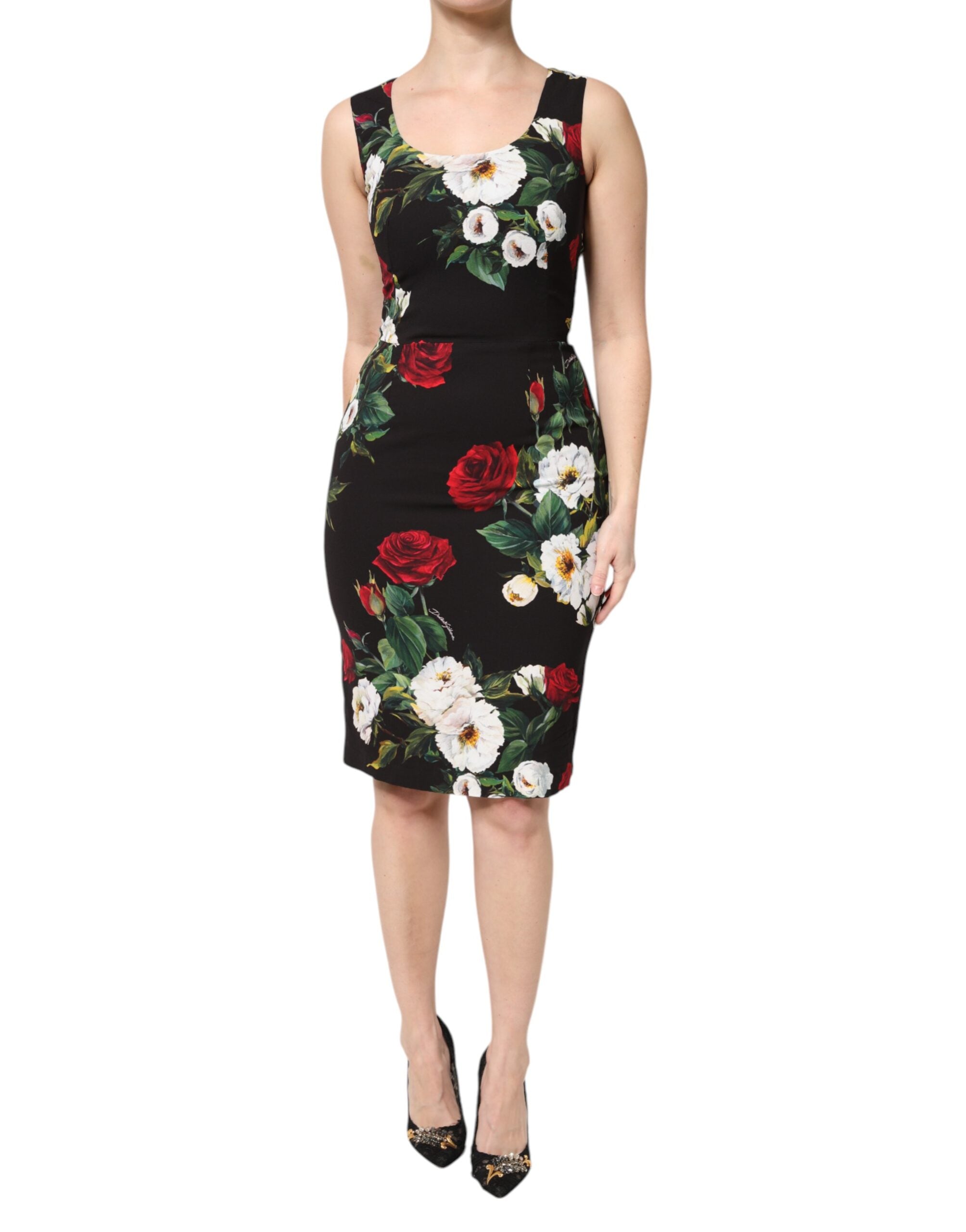 Vestido tubo negro sin mangas con estampado floral de Dolce & Gabbana-1