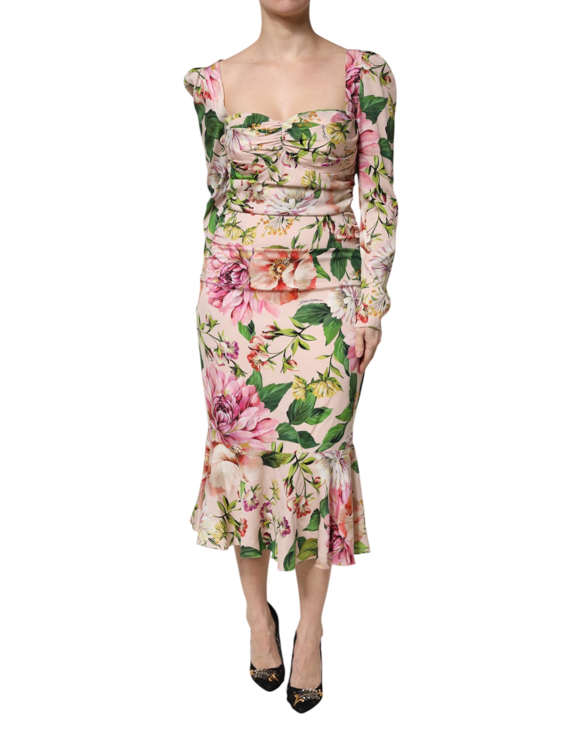 Dolce & Gabbana pink floral silk midi dress with flared skirt-2