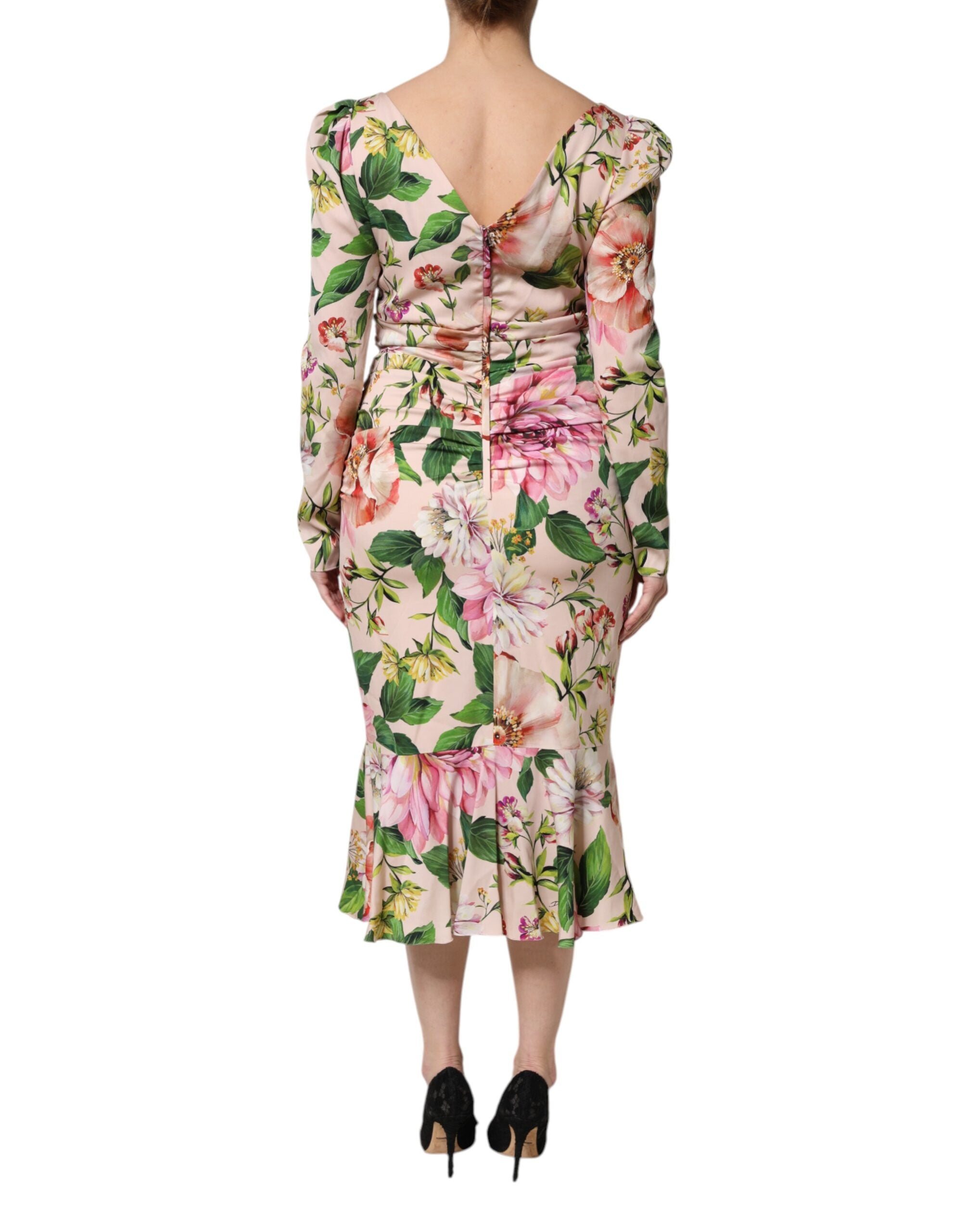 Dolce & Gabbana pink floral silk midi dress with flared skirt-4