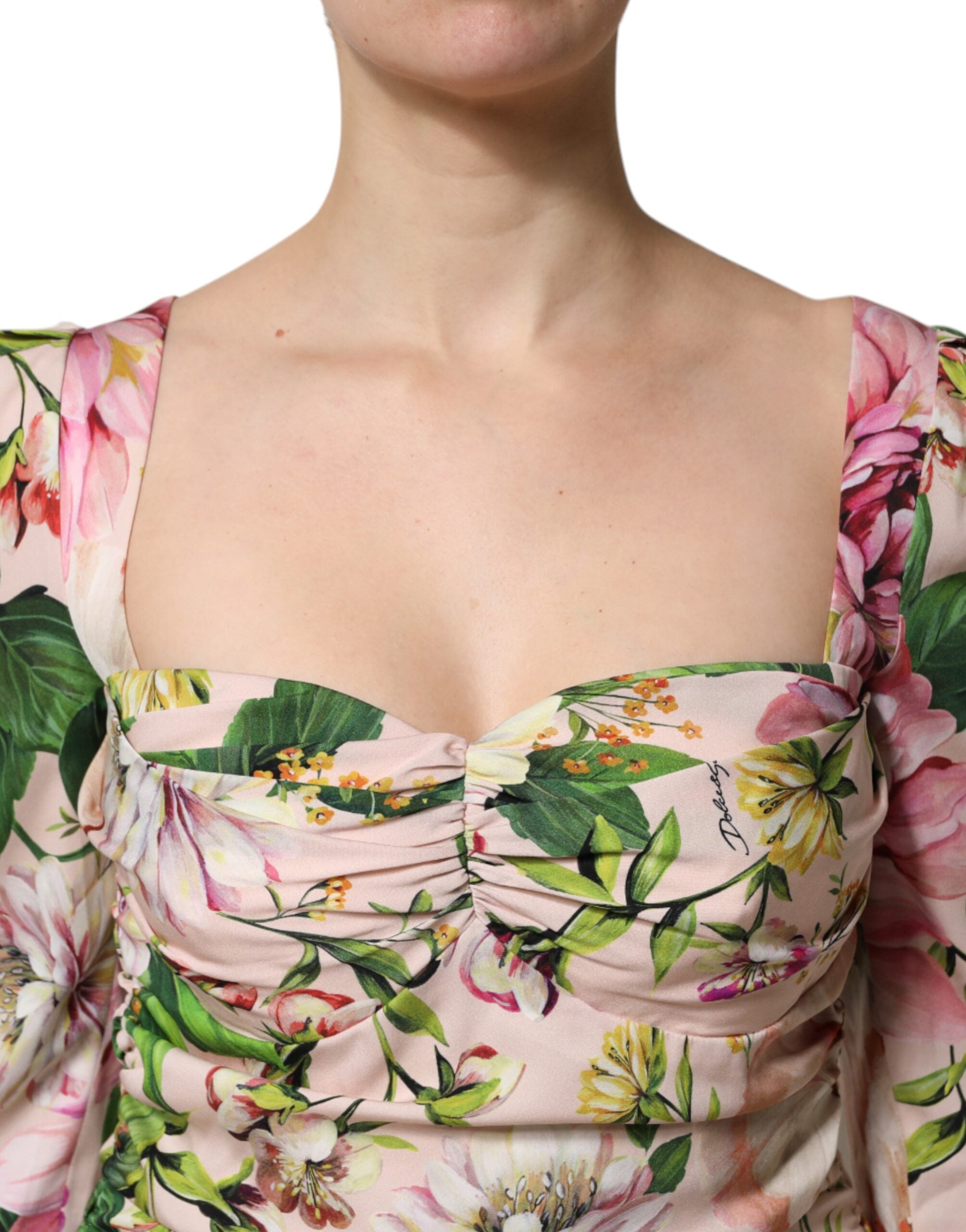 Dolce & Gabbana pink floral silk midi dress with flared skirt-5
