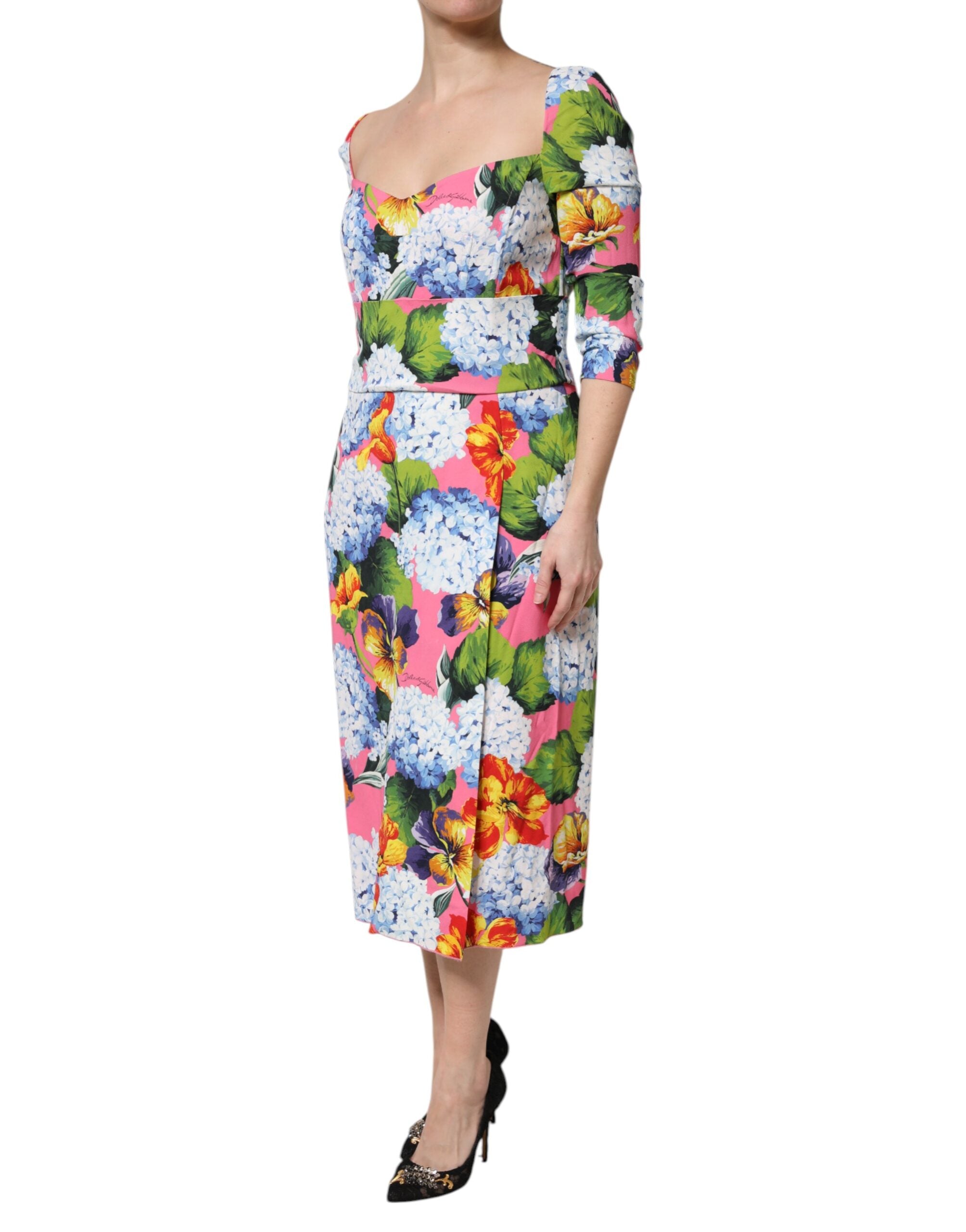 Dolce & Gabbana Multicolor Floral plissiertes Etuikleid Midikleid-3