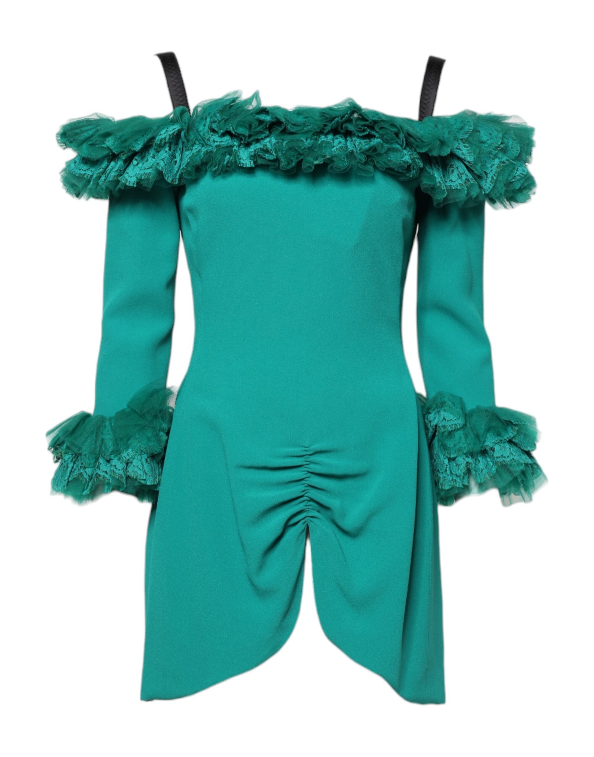 Vestido tubo verde con hombros descubiertos y encaje de Dolce & Gabbana-1