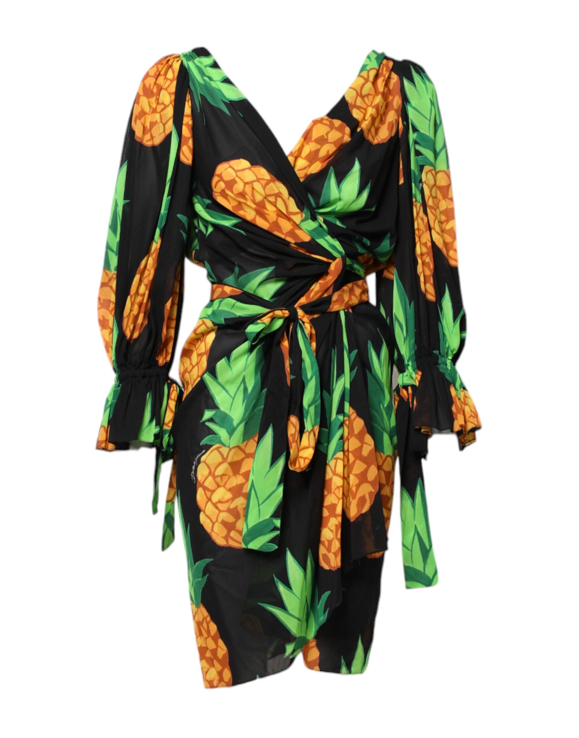 Dolce & Gabbana Black Silk Wrap Mini Dress with Pineapple Print-1