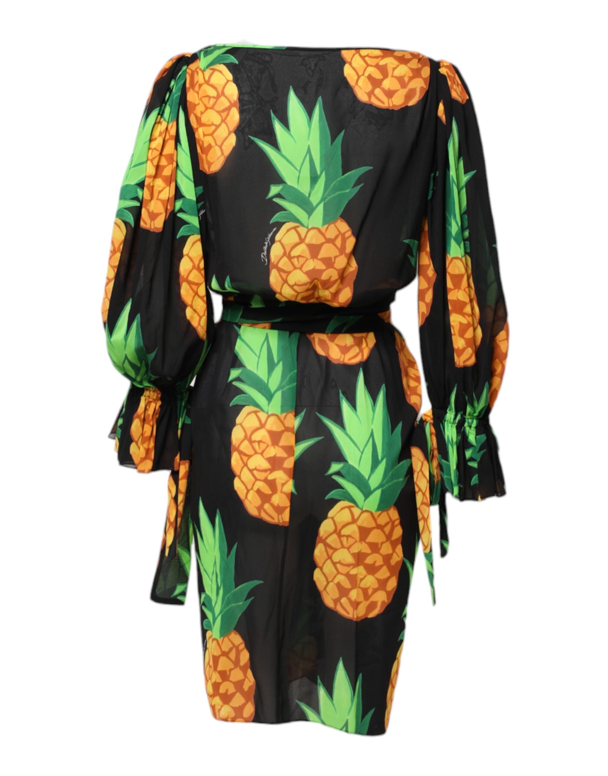 Dolce & Gabbana Black Silk Wrap Mini Dress with Pineapple Print-3
