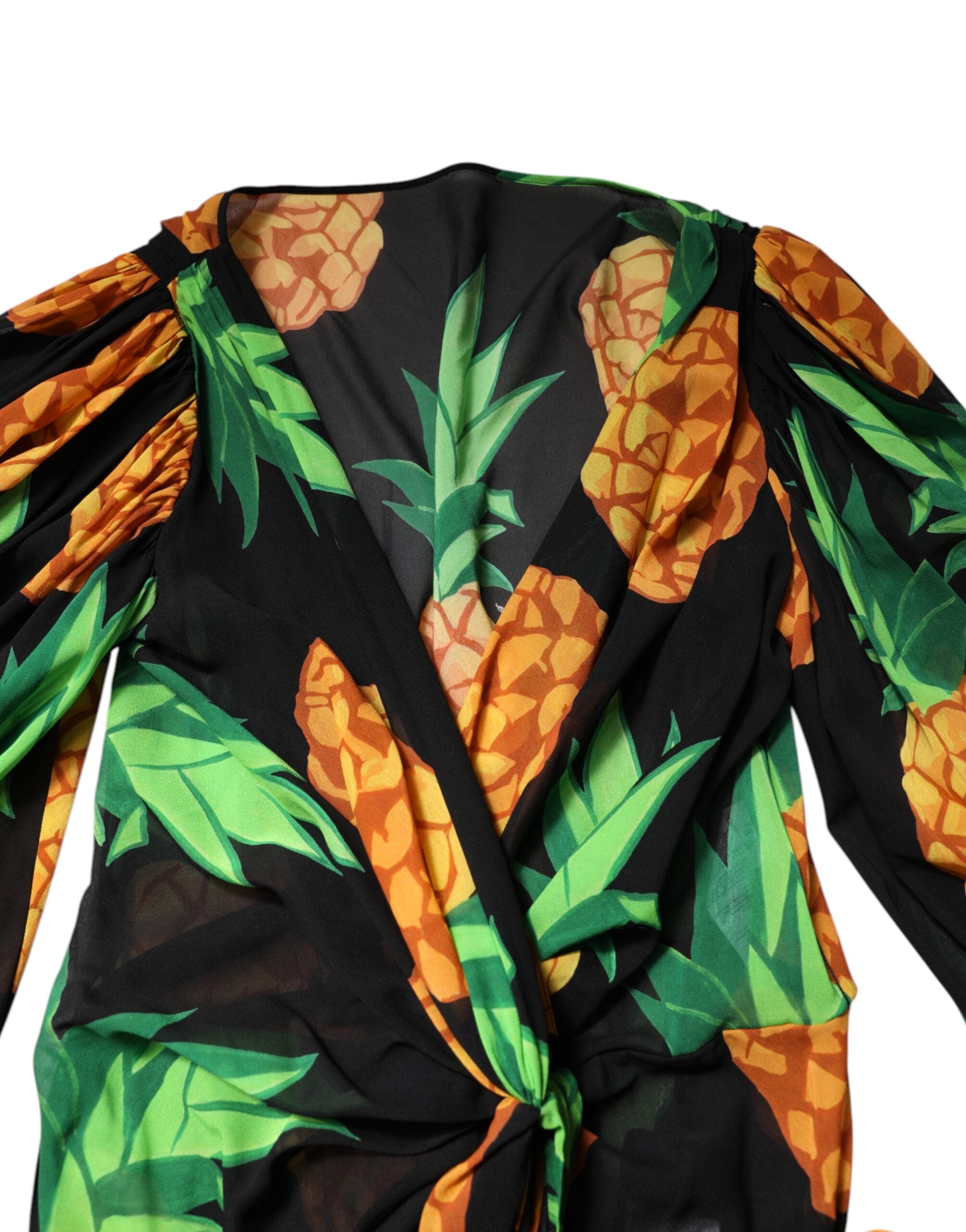 Dolce & Gabbana Black Silk Wrap Mini Dress with Pineapple Print-4