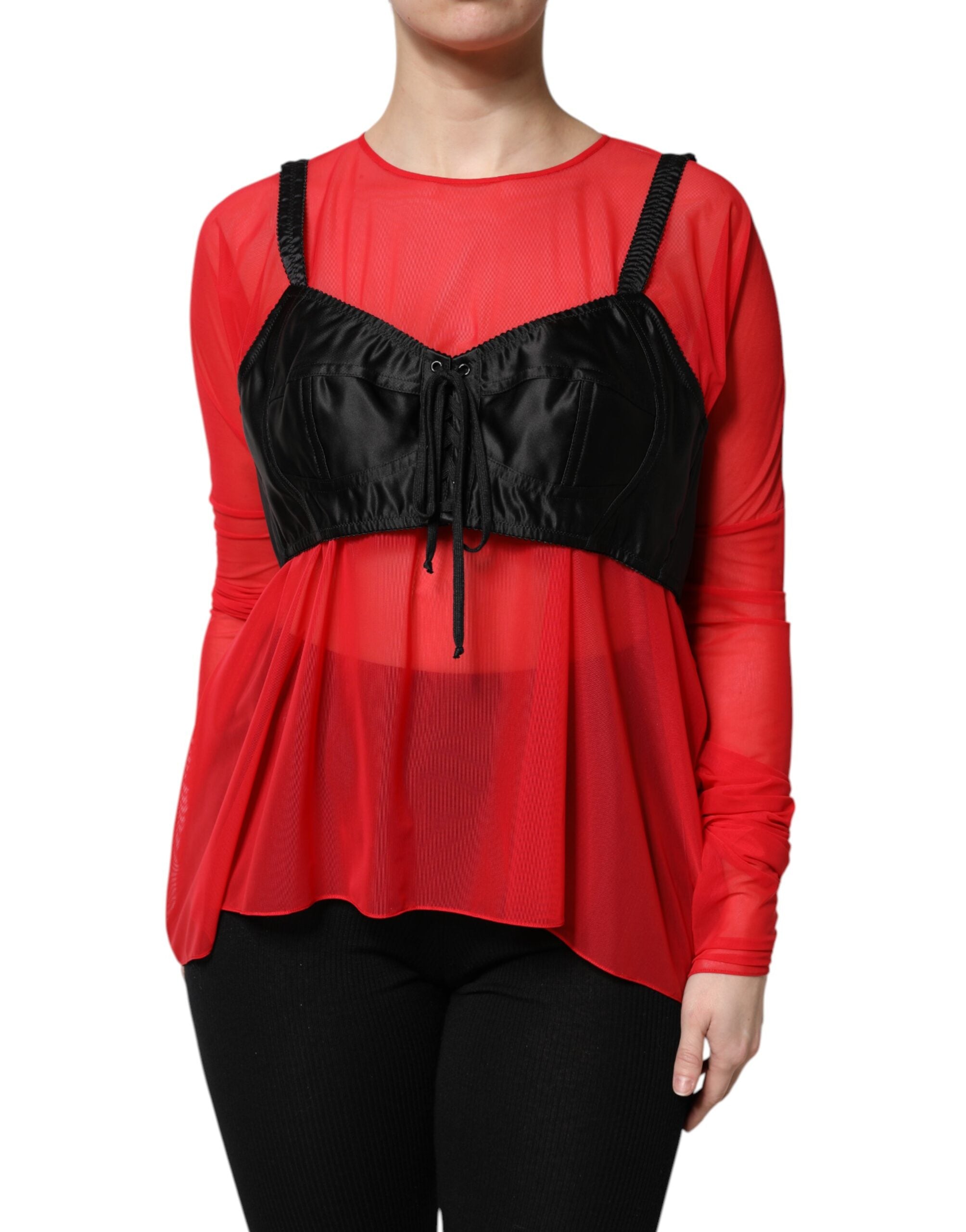 Dolce & Gabbana Red and Black Bustier Detailing Long-Sleeved Top-2