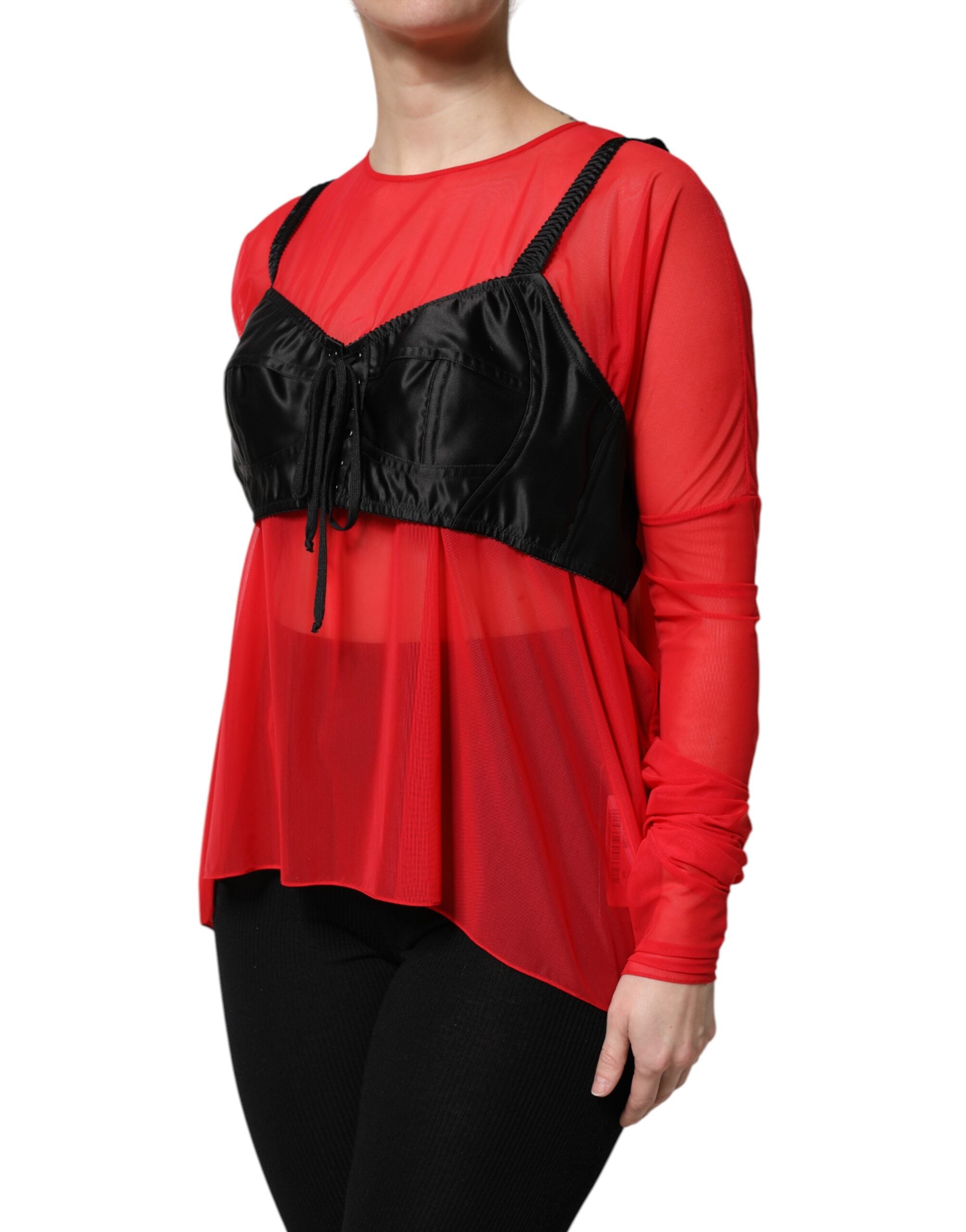 Dolce & Gabbana Red and Black Bustier Detailing Long-Sleeved Top-3