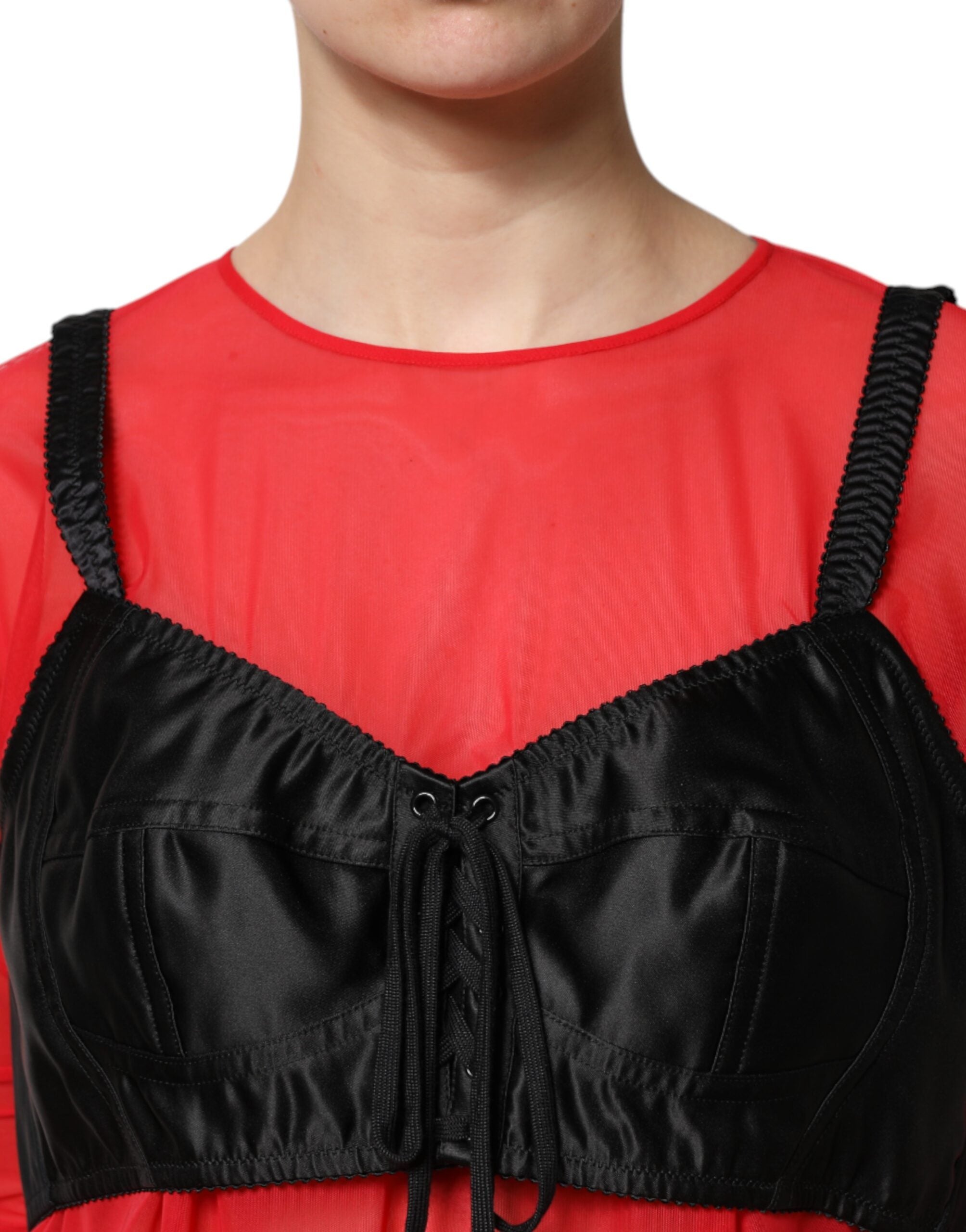 Dolce & Gabbana Red and Black Bustier Detailing Long-Sleeved Top-5