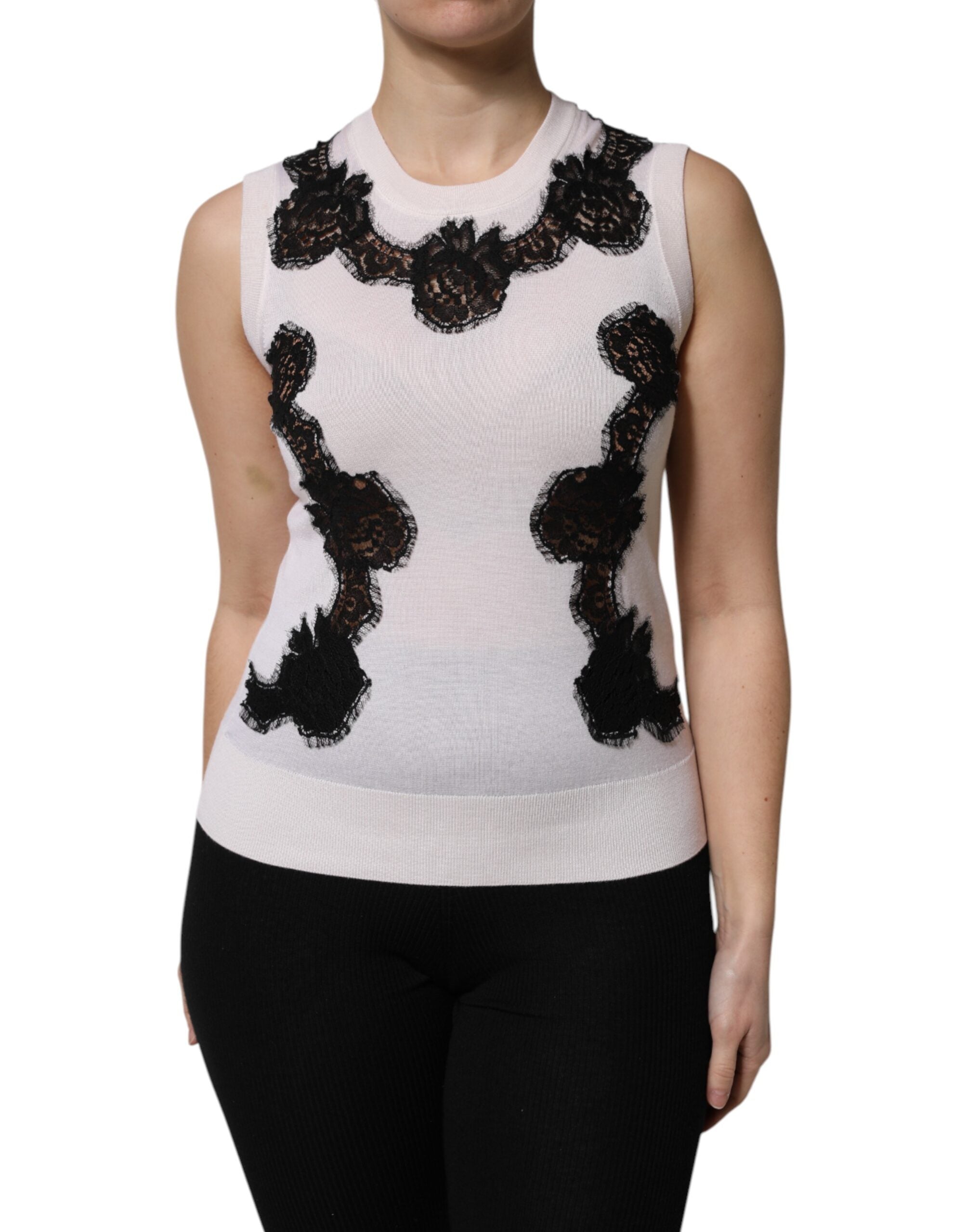 Dolce & Gabbana White Cashmere Tank Top with Floral Lace-1