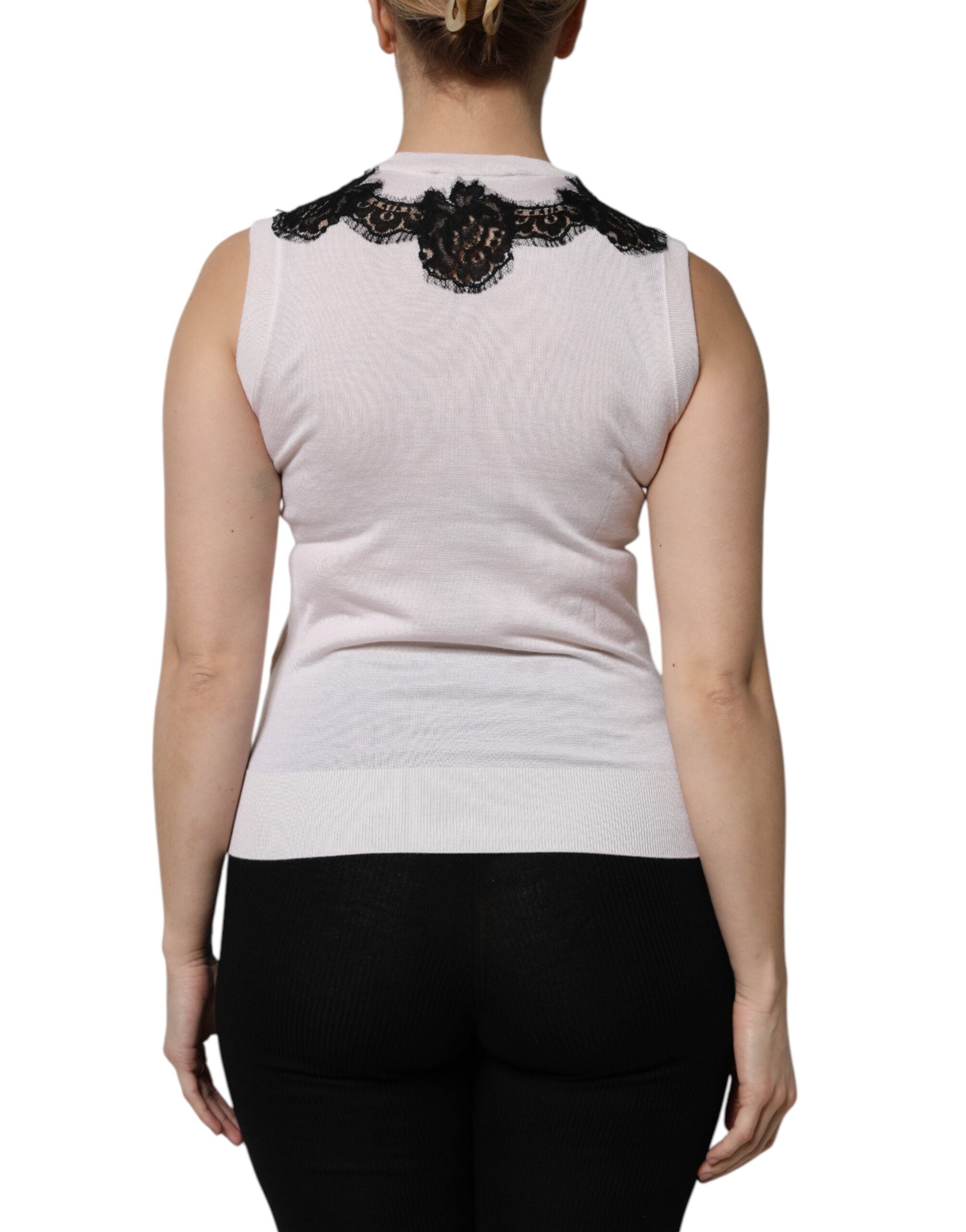 Dolce & Gabbana White Cashmere Tank Top with Floral Lace-4