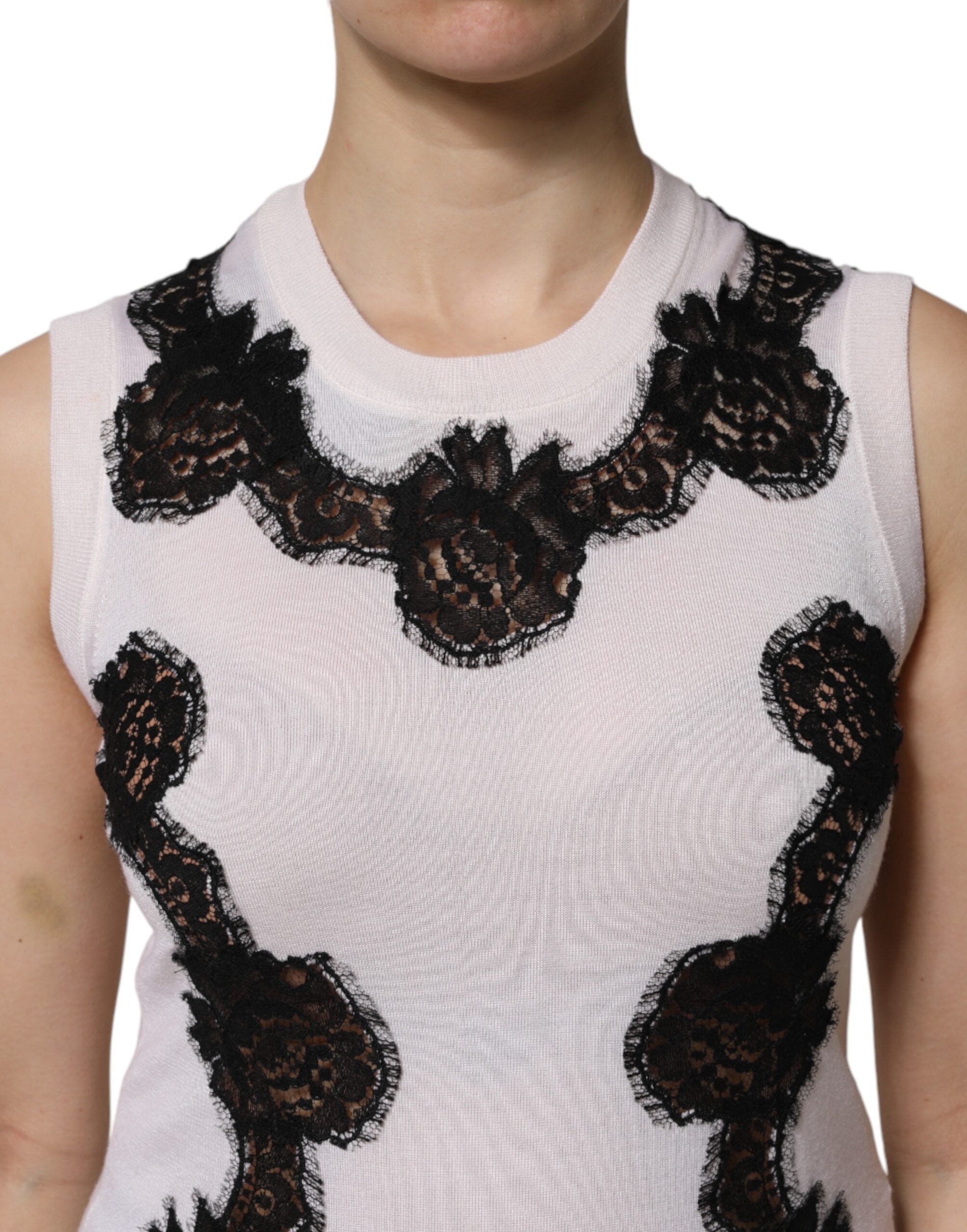 Dolce & Gabbana White Cashmere Tank Top with Floral Lace-5