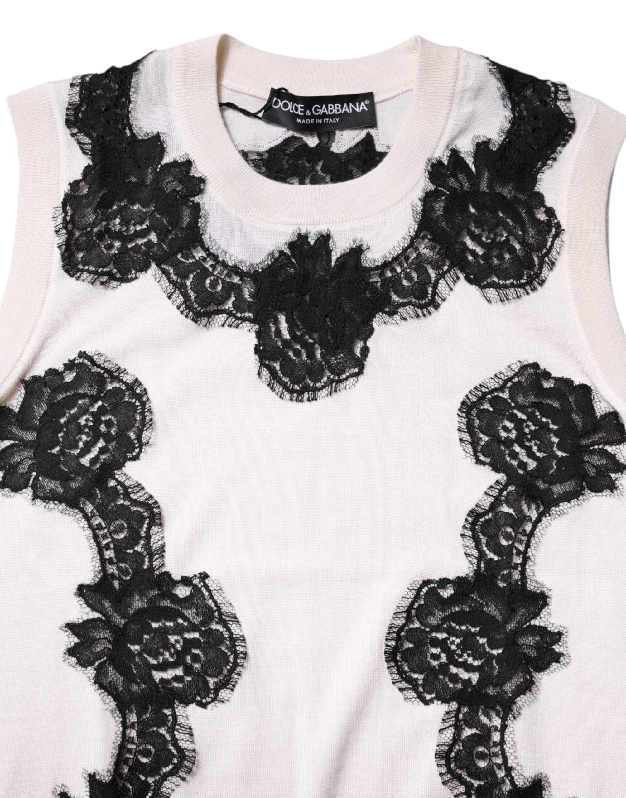 Dolce & Gabbana White Cashmere Tank Top with Floral Lace-7