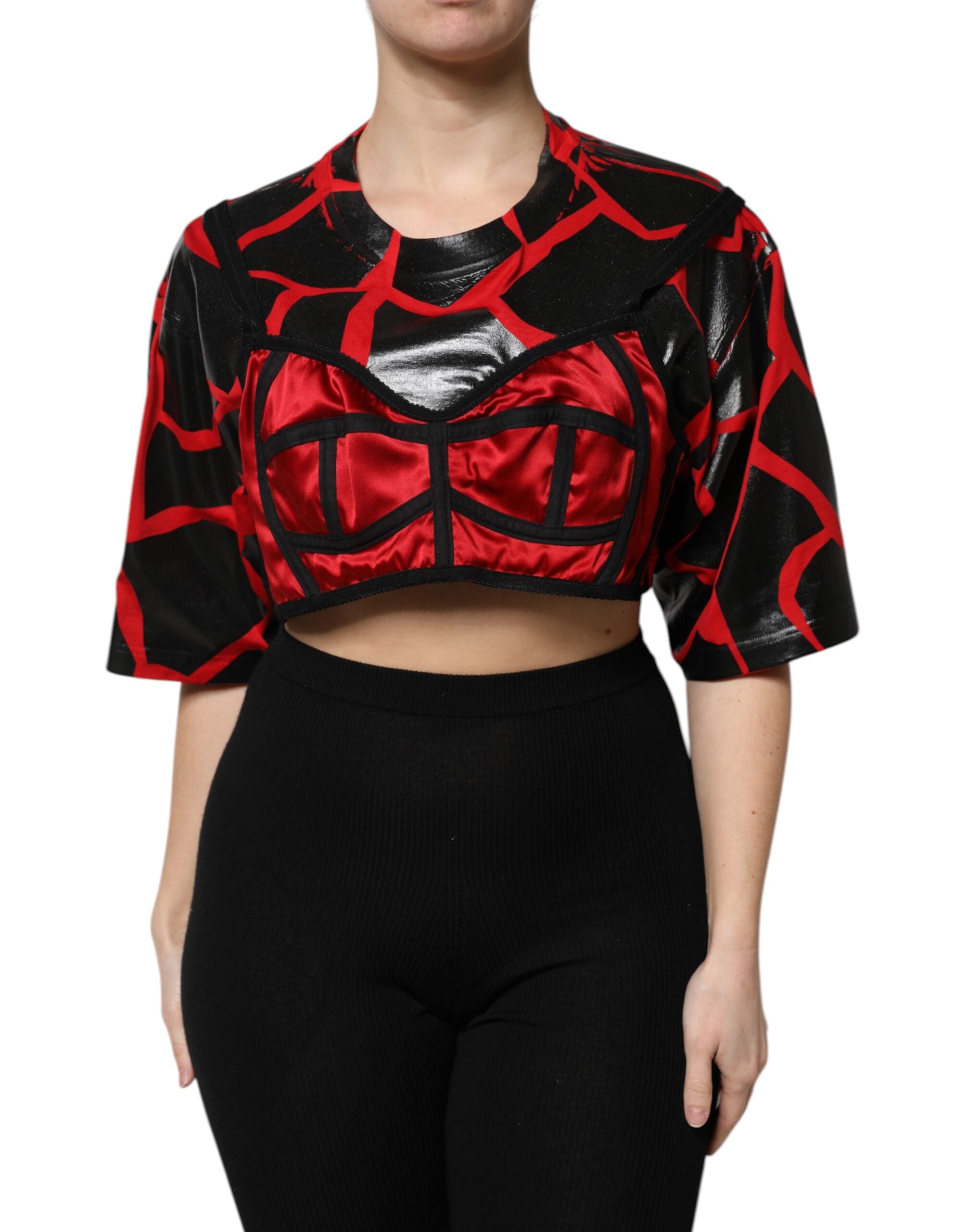 Top corto con detalle de bustier de algodón rojo y negro de Dolce & Gabbana-2
