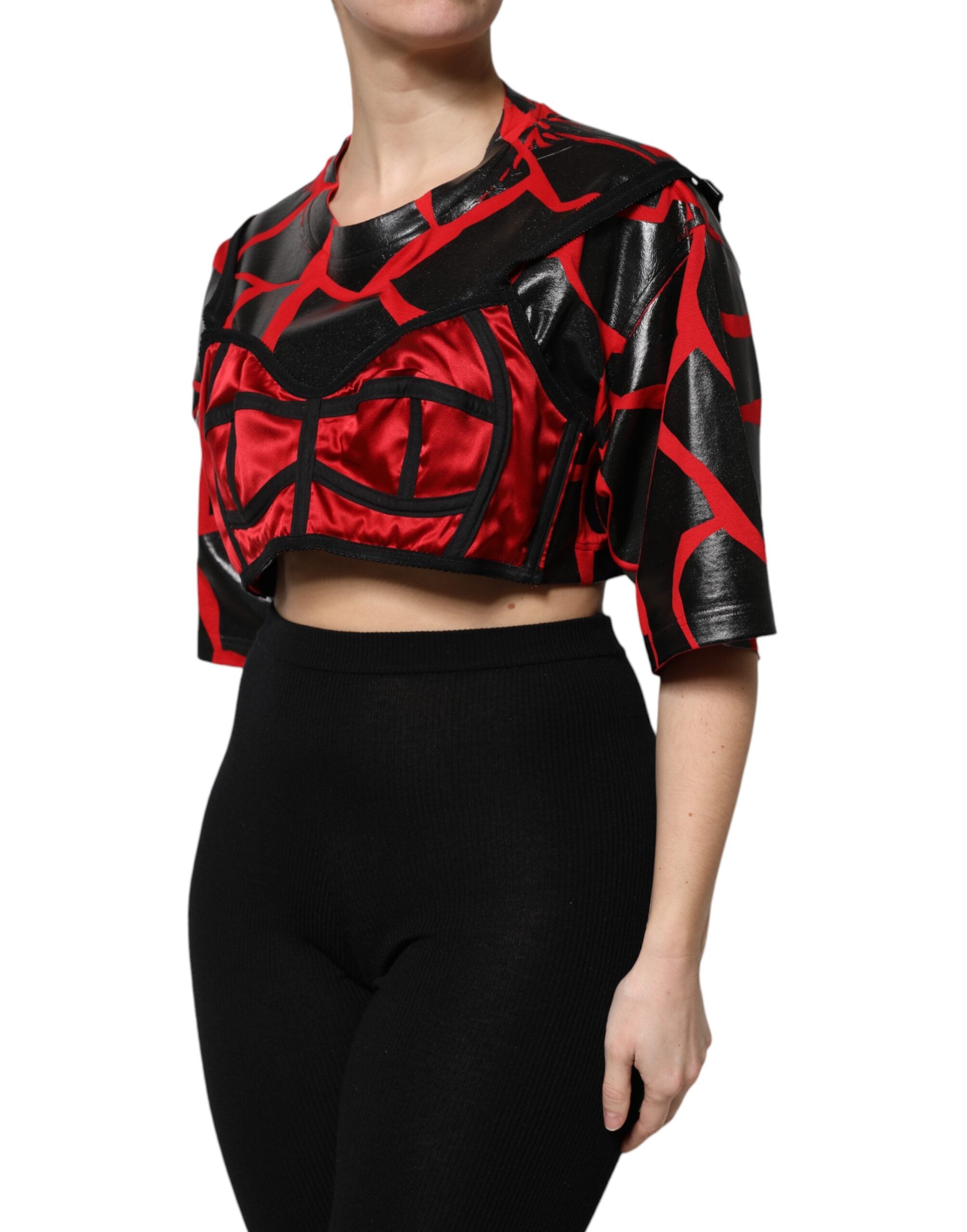 Top corto con detalle de bustier de algodón rojo y negro de Dolce & Gabbana-3