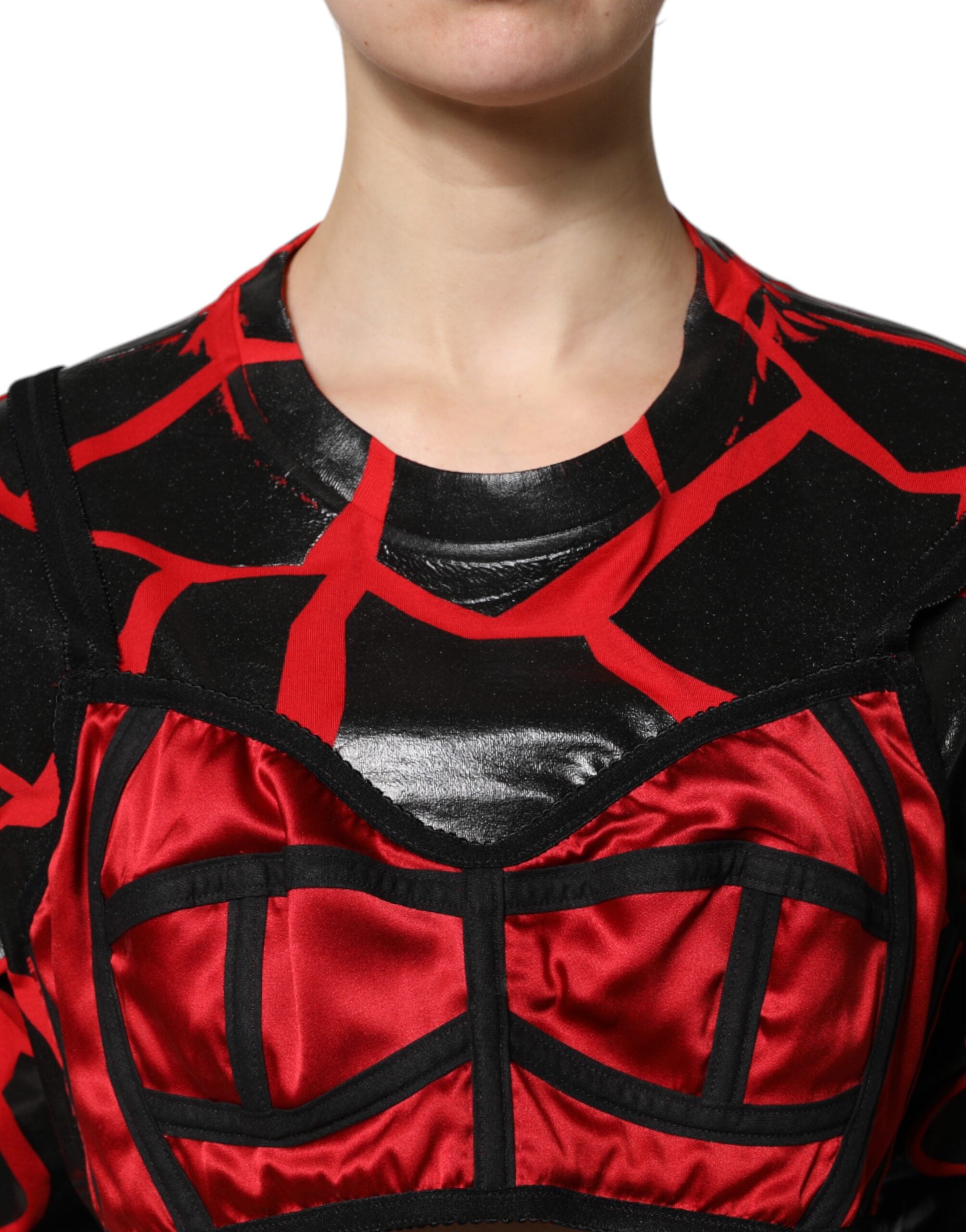 Top corto con detalle de bustier de algodón rojo y negro de Dolce & Gabbana-5