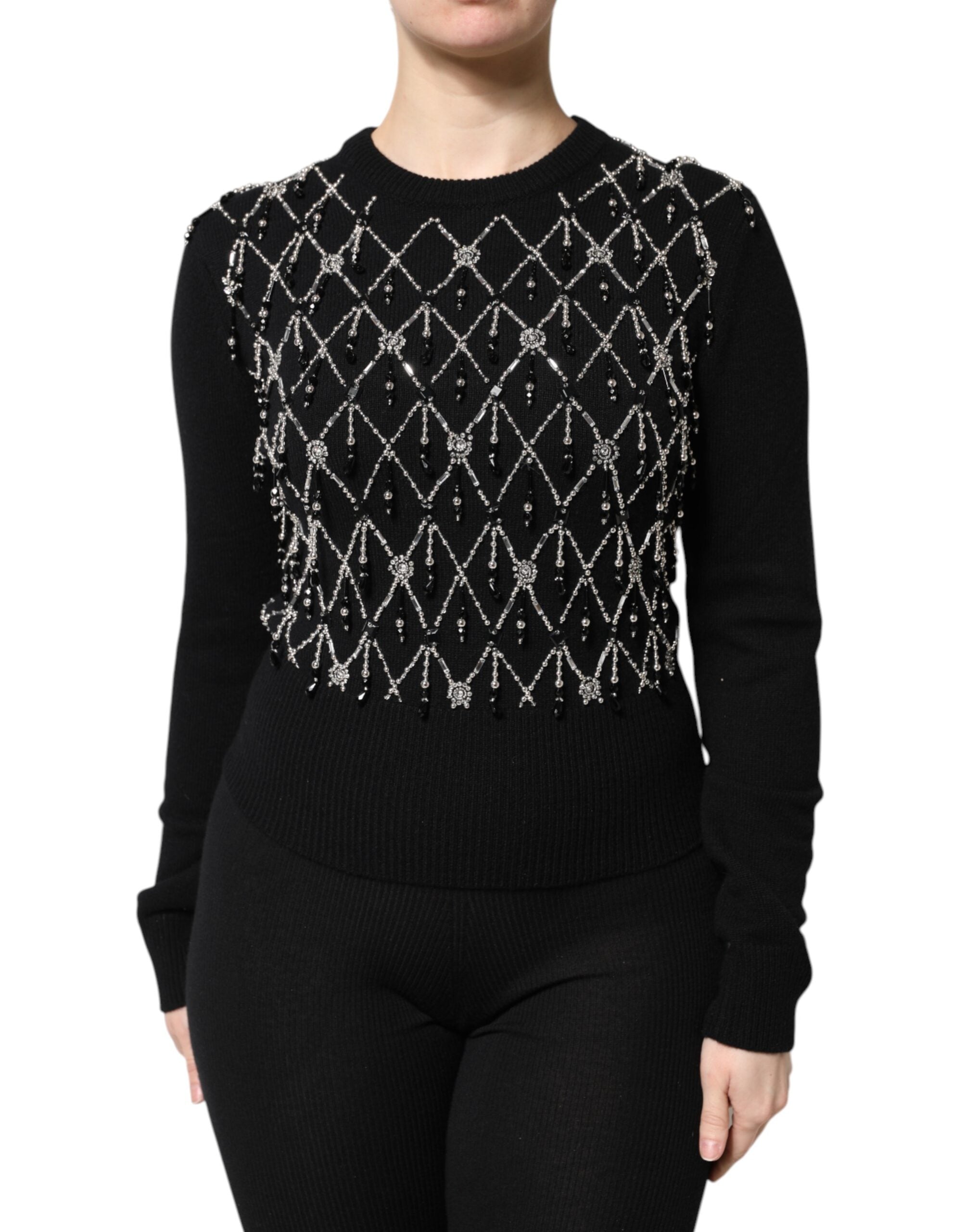 Top de manga larga de cachemir negro con adornos de Dolce & Gabbana-1