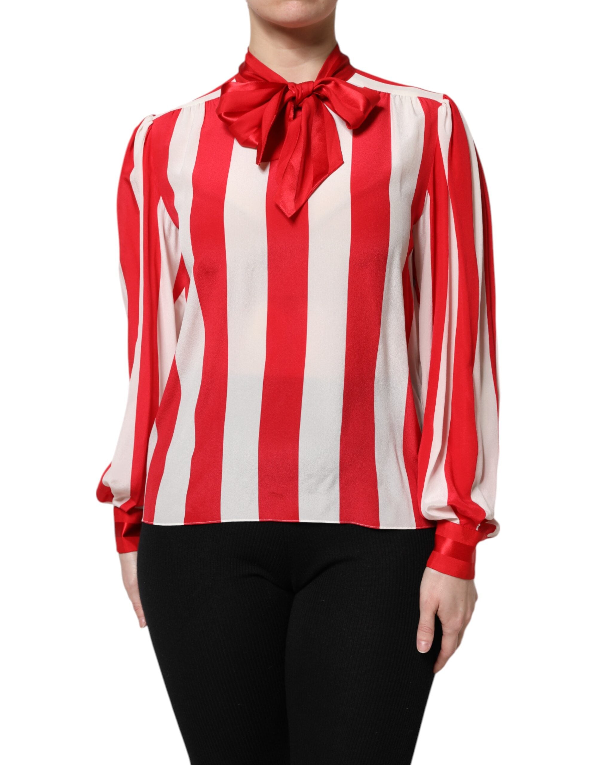Dolce & Gabbana Rot Weiß Streifen Ascot Kragen Bluse Top-1