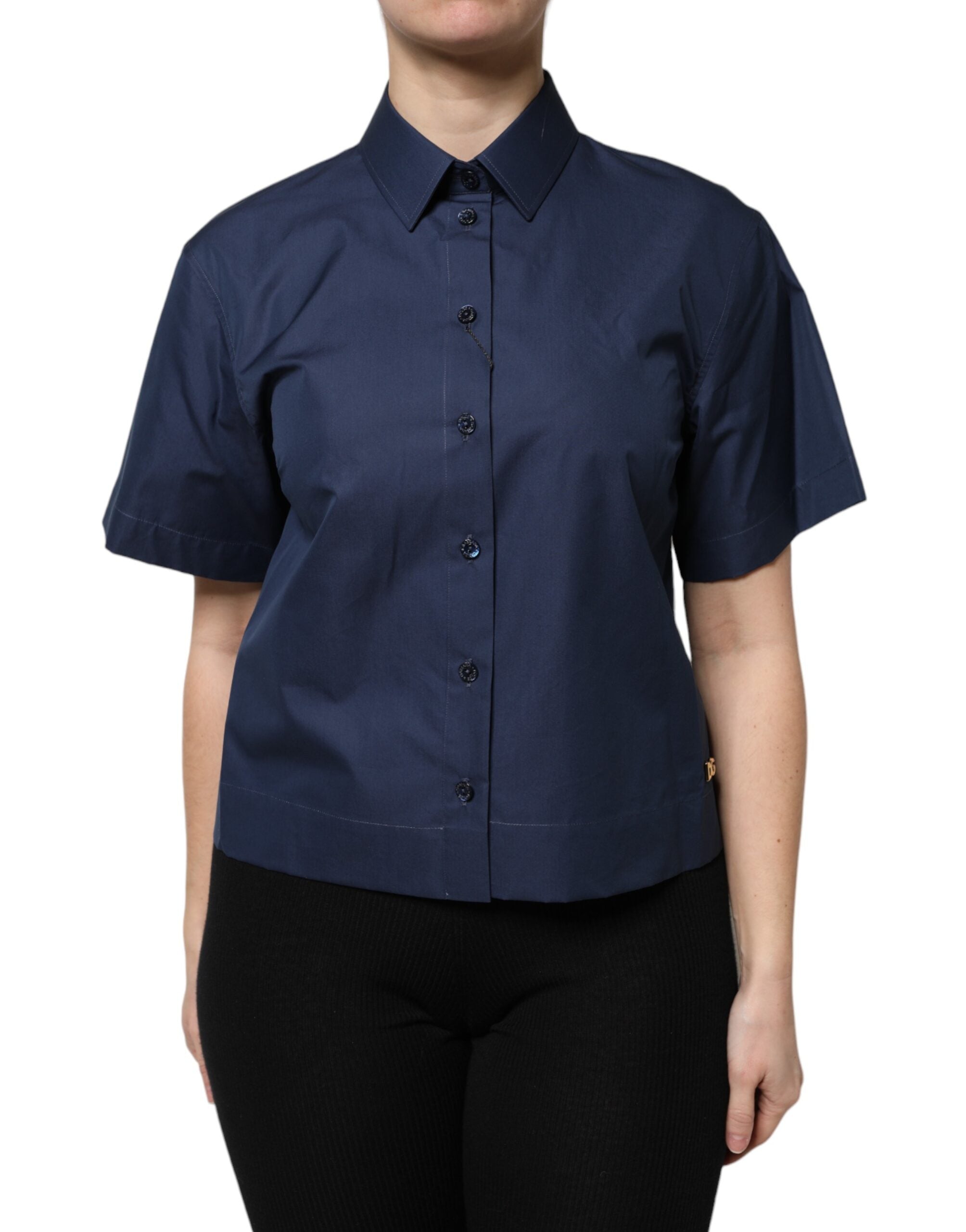 Top de manga corta de algodón azul Dolce & Gabbana con tapeta de botones-1