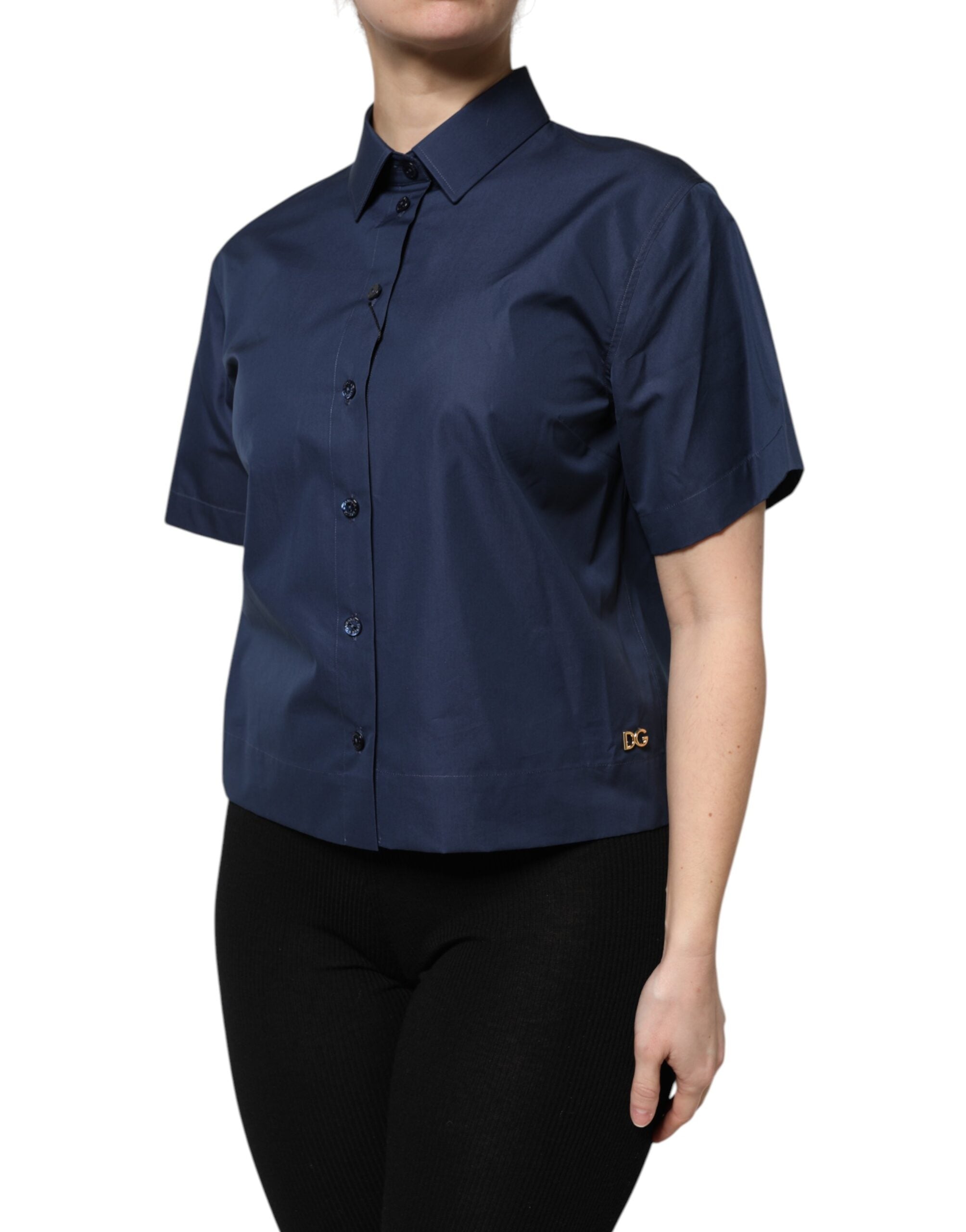 Top de manga corta de algodón azul Dolce & Gabbana con tapeta de botones-3