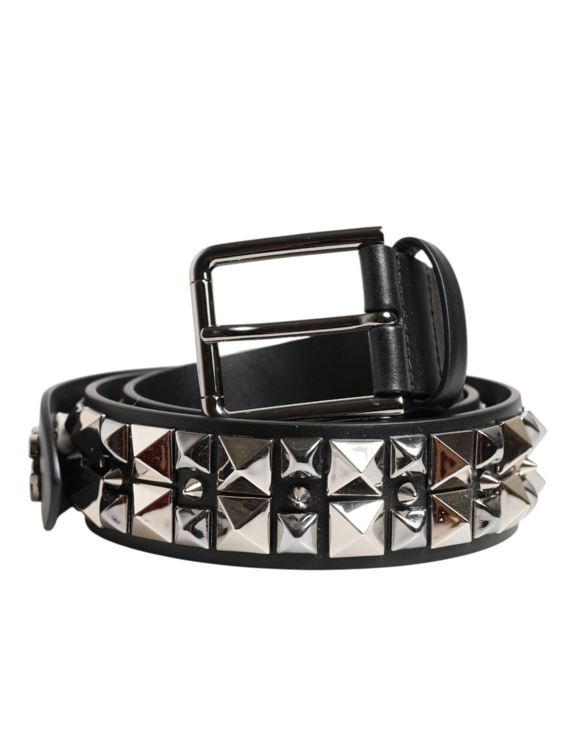Dolce & Gabbana Black Calfskin Studded Belt with Silver Buckle-2