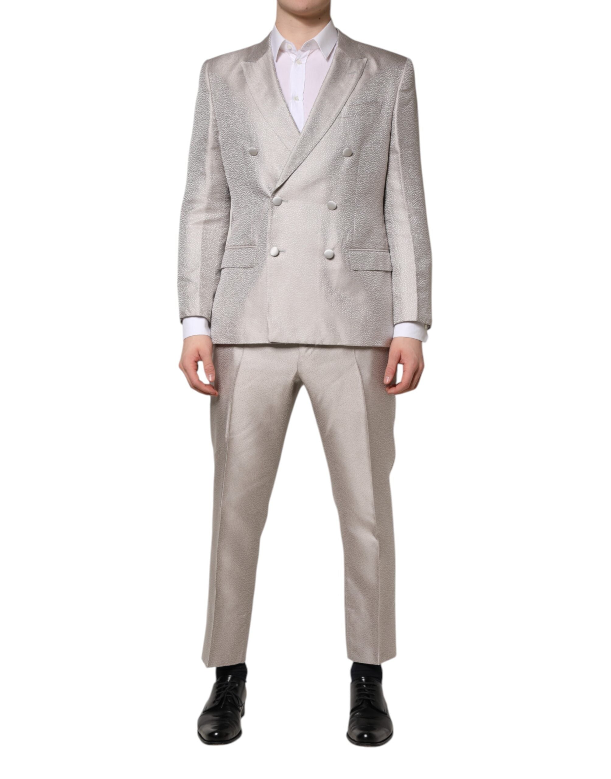 Dolce & Gabbana Light Grey Jacquard Silk Suit with Polka Dots, 2 Pieces-2