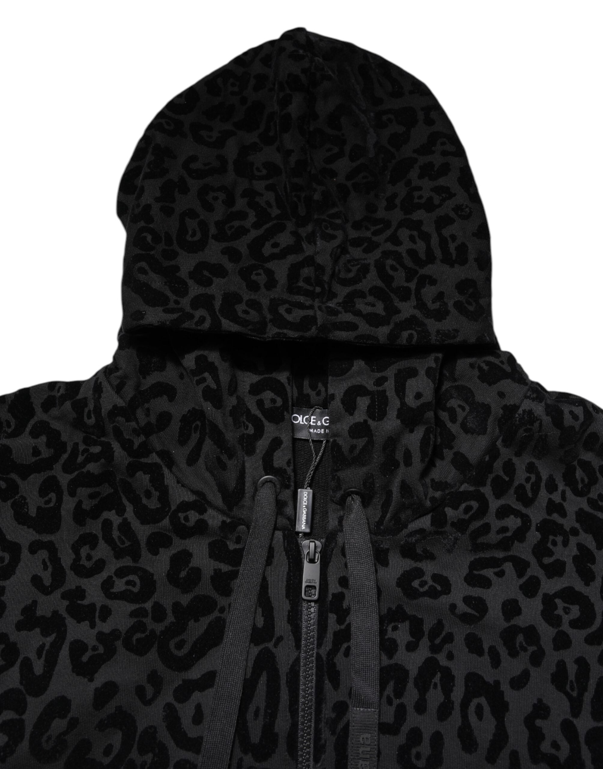 Dolce & Gabbana Schwarzes Leoparden Sweatshirt mit Kapuze und Reißverschluss Pullover-5