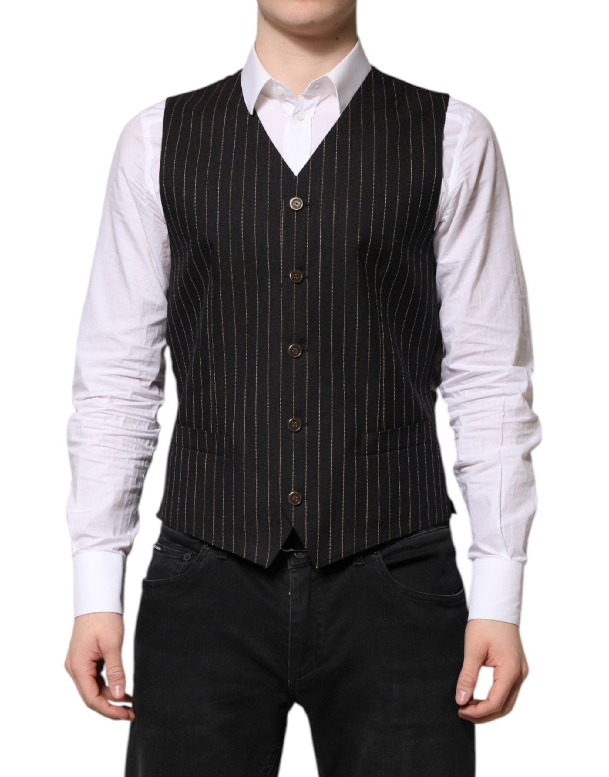 Dolce & Gabbana Black Striped Wool Formal Men's Vest-1