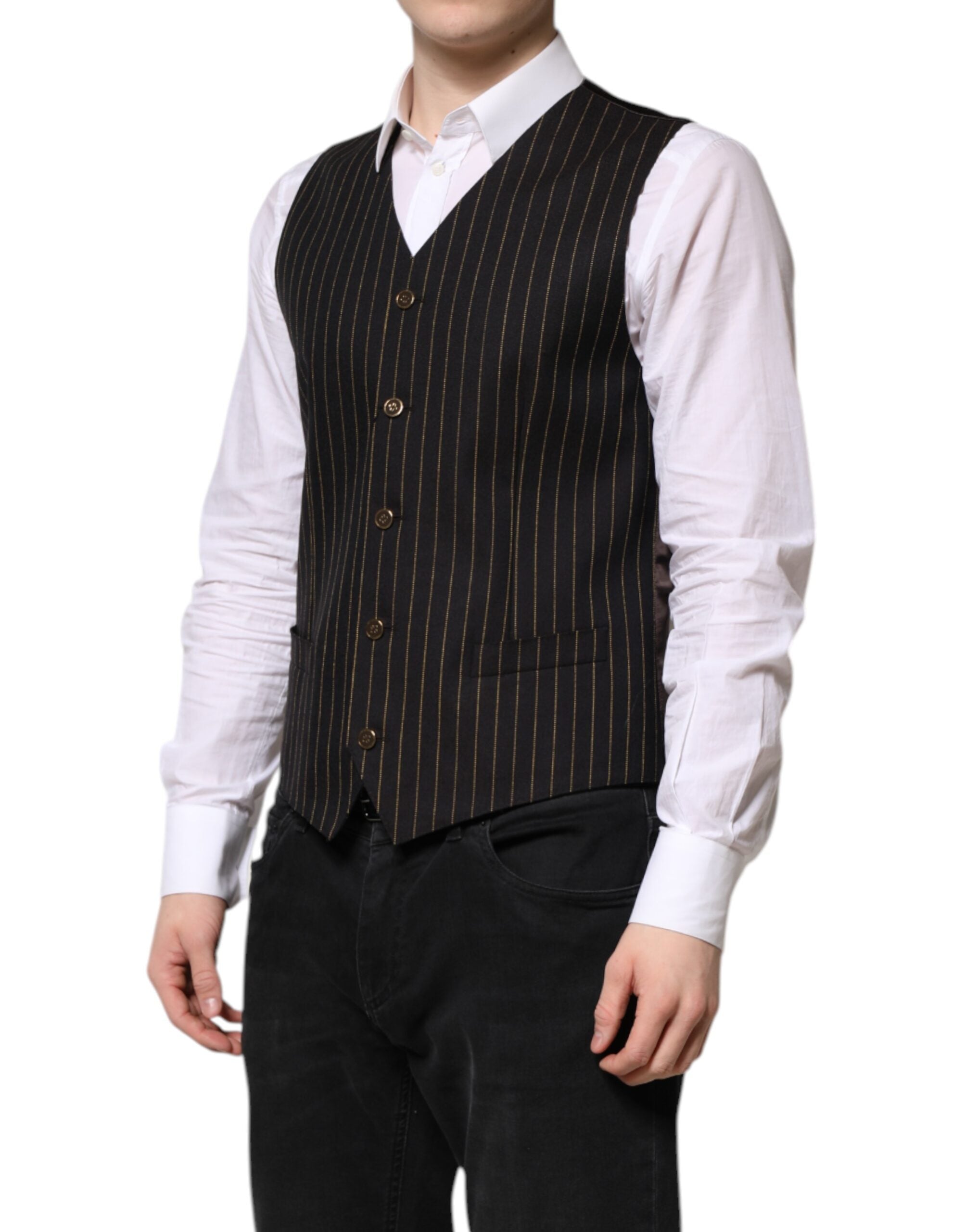 Dolce & Gabbana Black Striped Wool Formal Men's Vest-3