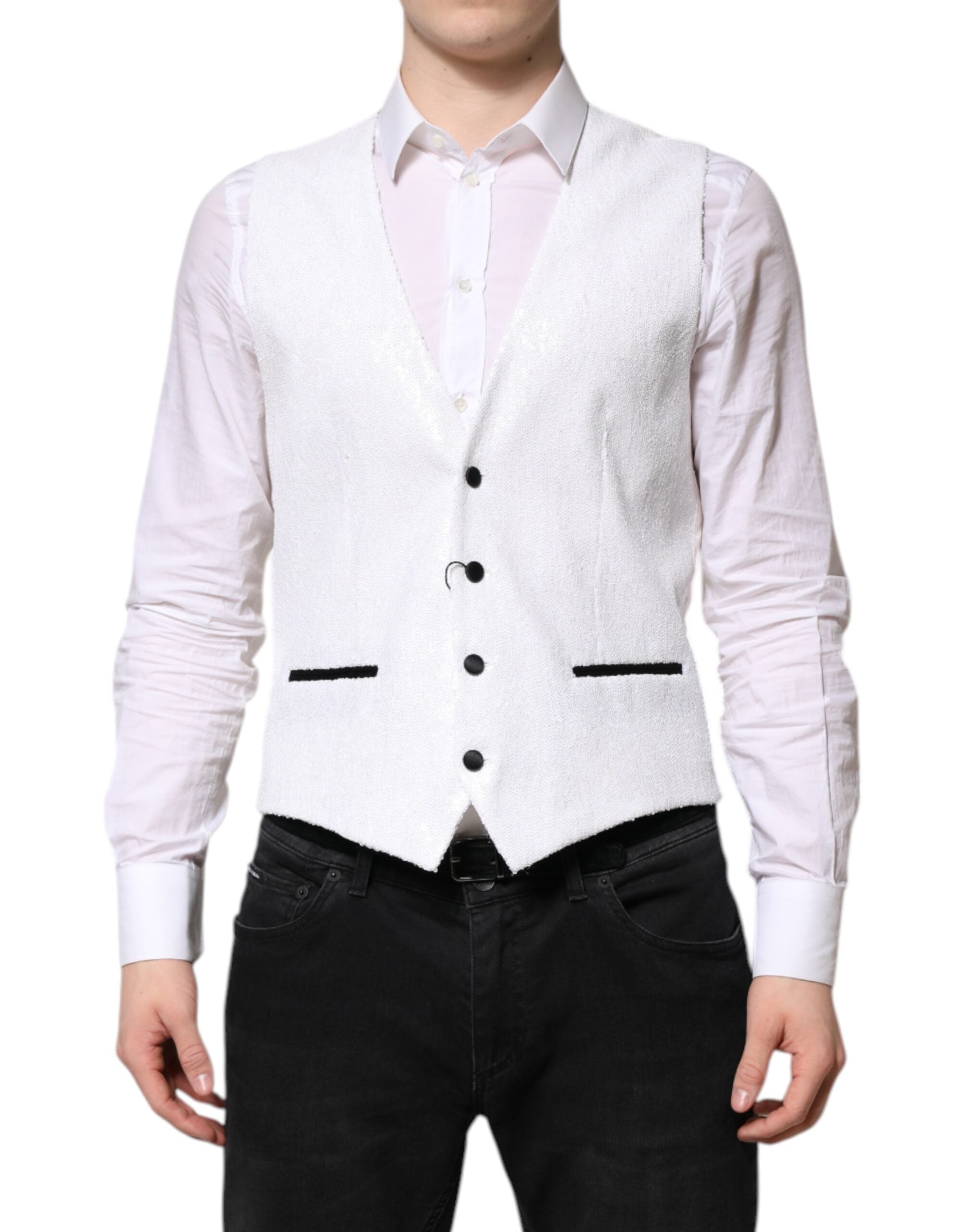 Dolce & Gabbana White Sequin Dress Formal Vest Vest-1