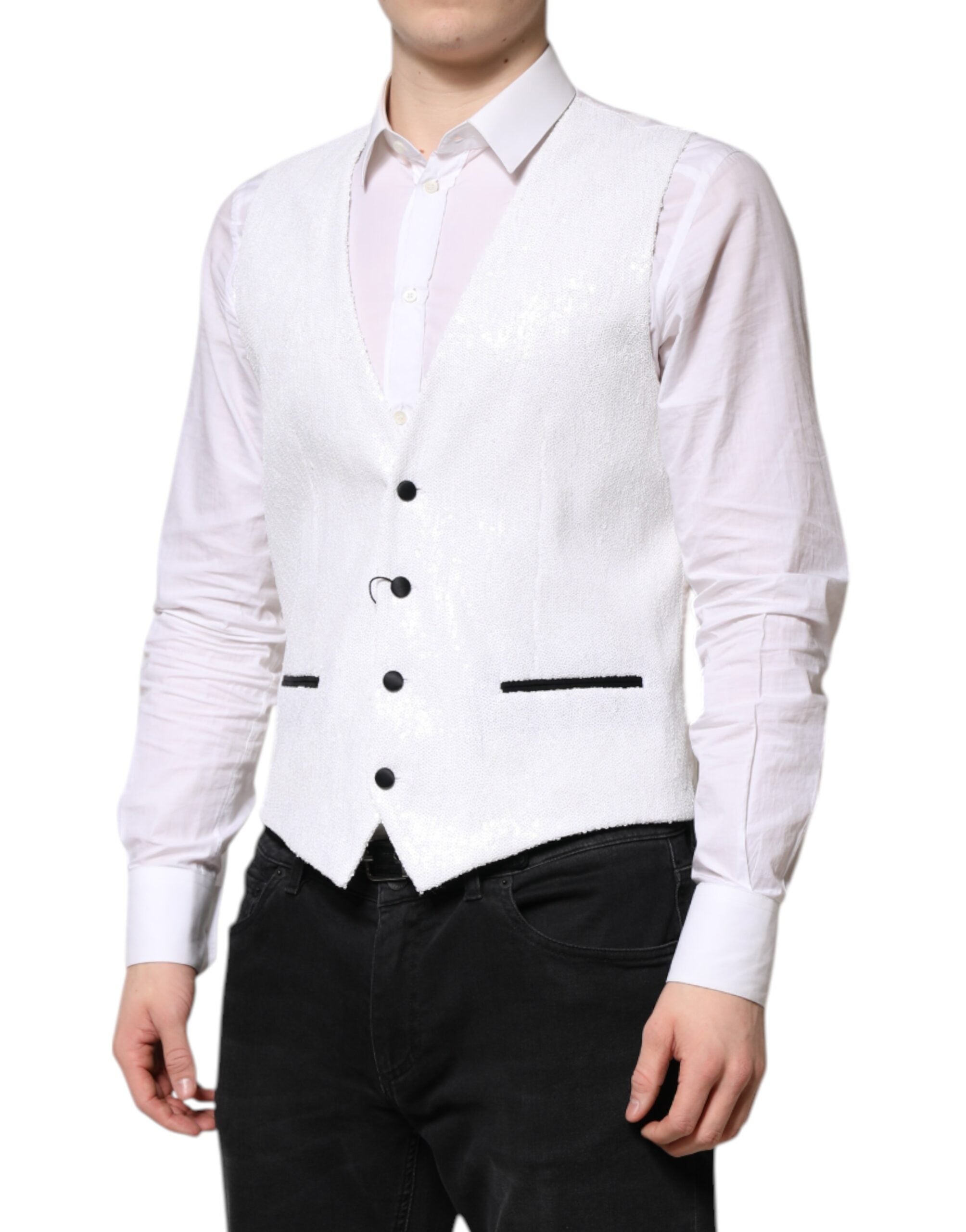 Dolce & Gabbana White Sequin Dress Formal Vest Vest-3