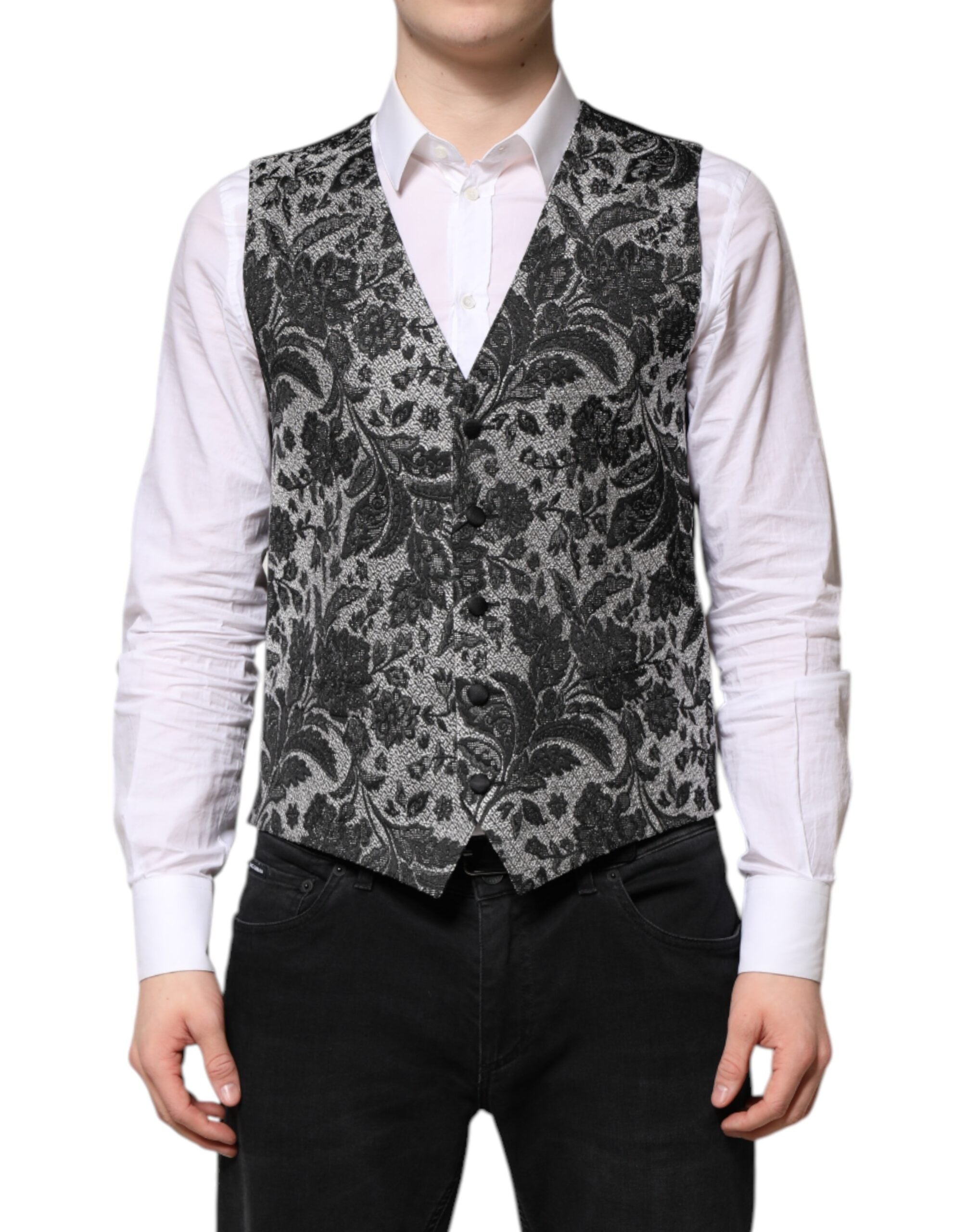 Dolce & Gabbana Black Grey Brocade Formal Men's Vest-2