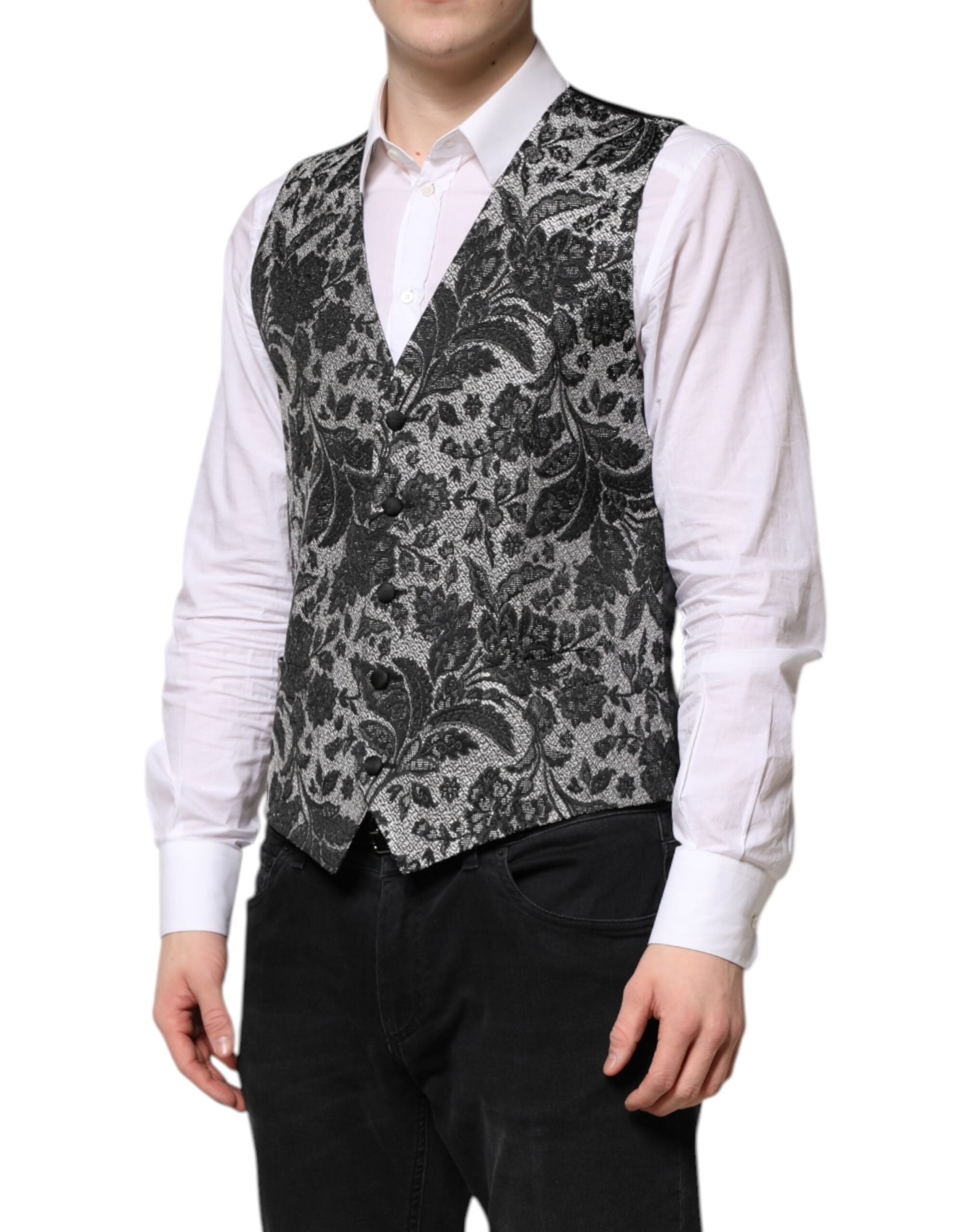 Dolce & Gabbana Black Grey Brocade Formal Men's Vest-3