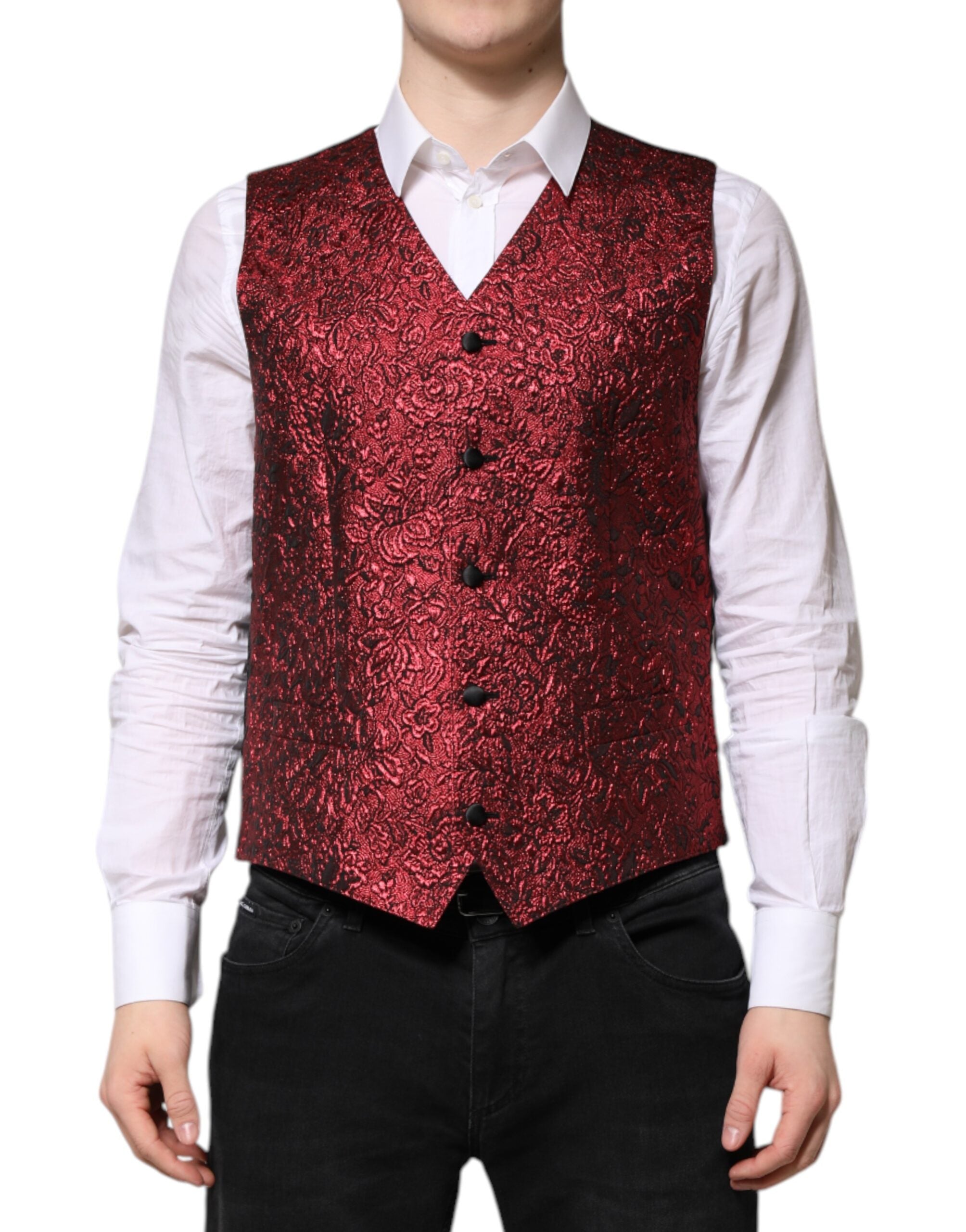 Dolce & Gabbana Rote Blumen Brokat Formal Männer Weste Weste-2