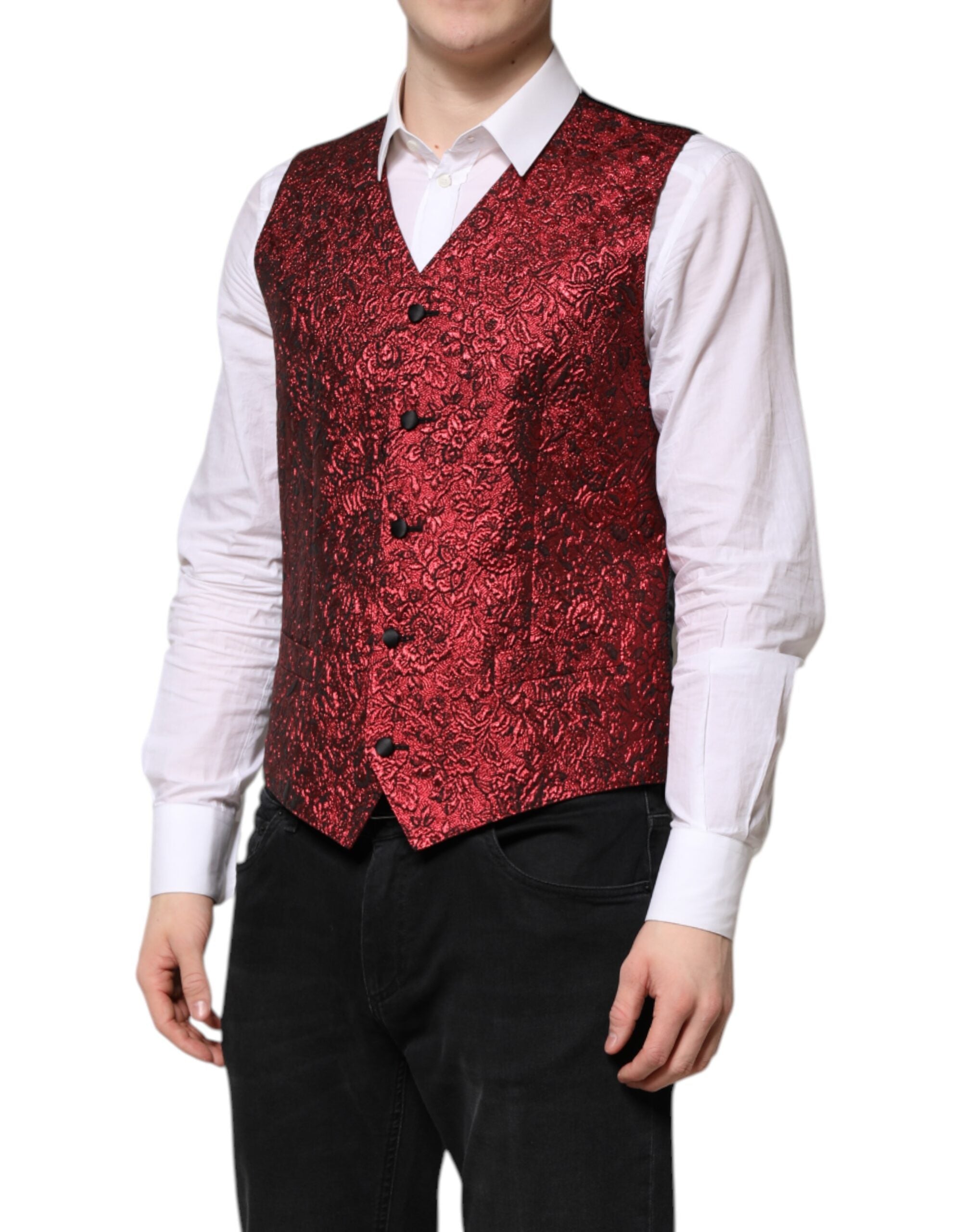 Dolce & Gabbana Rote Blumen Brokat Formal Männer Weste Weste-3