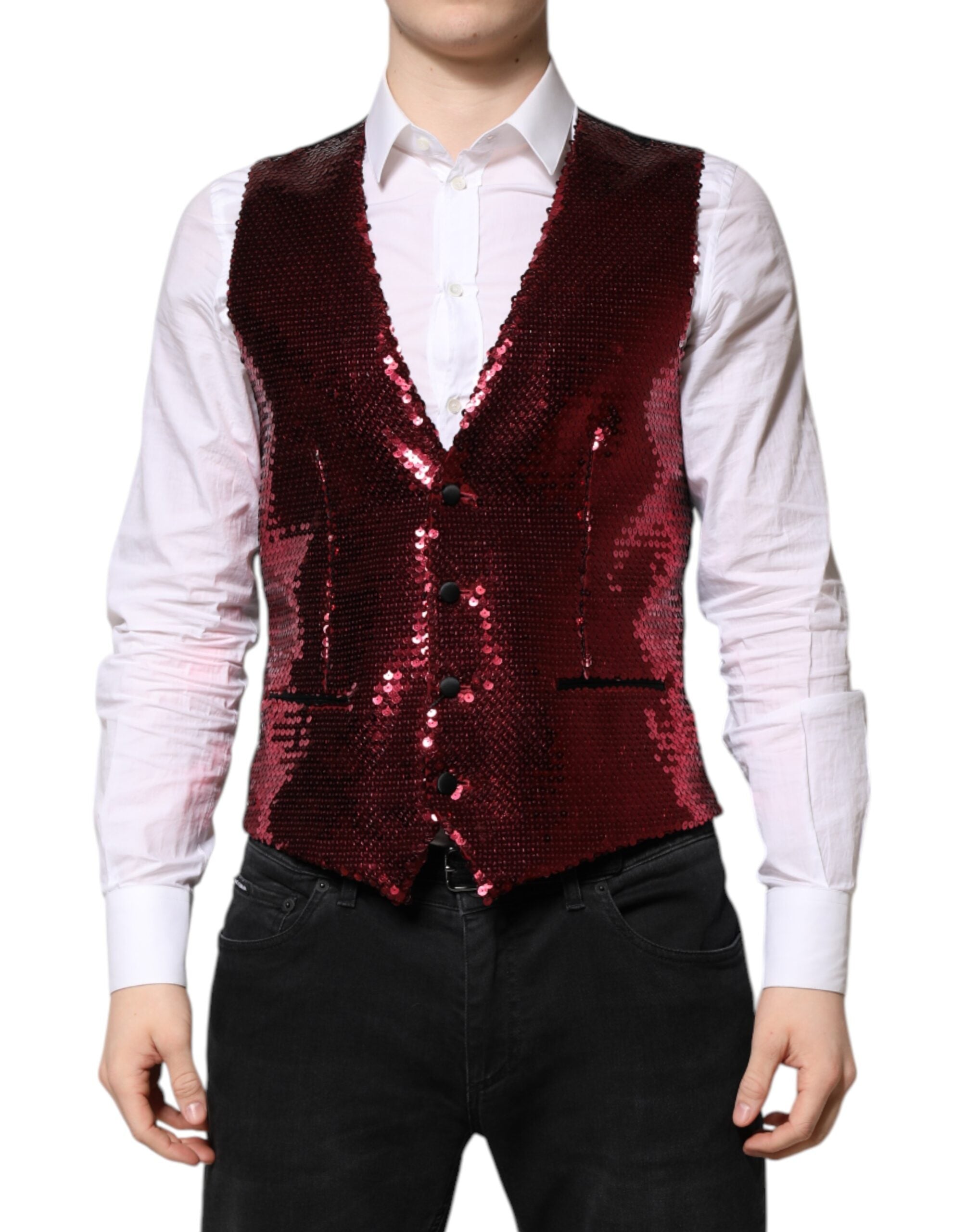 Dolce & Gabbana Rotes Paillettenkleid Formelle Männer Weste Weste-2