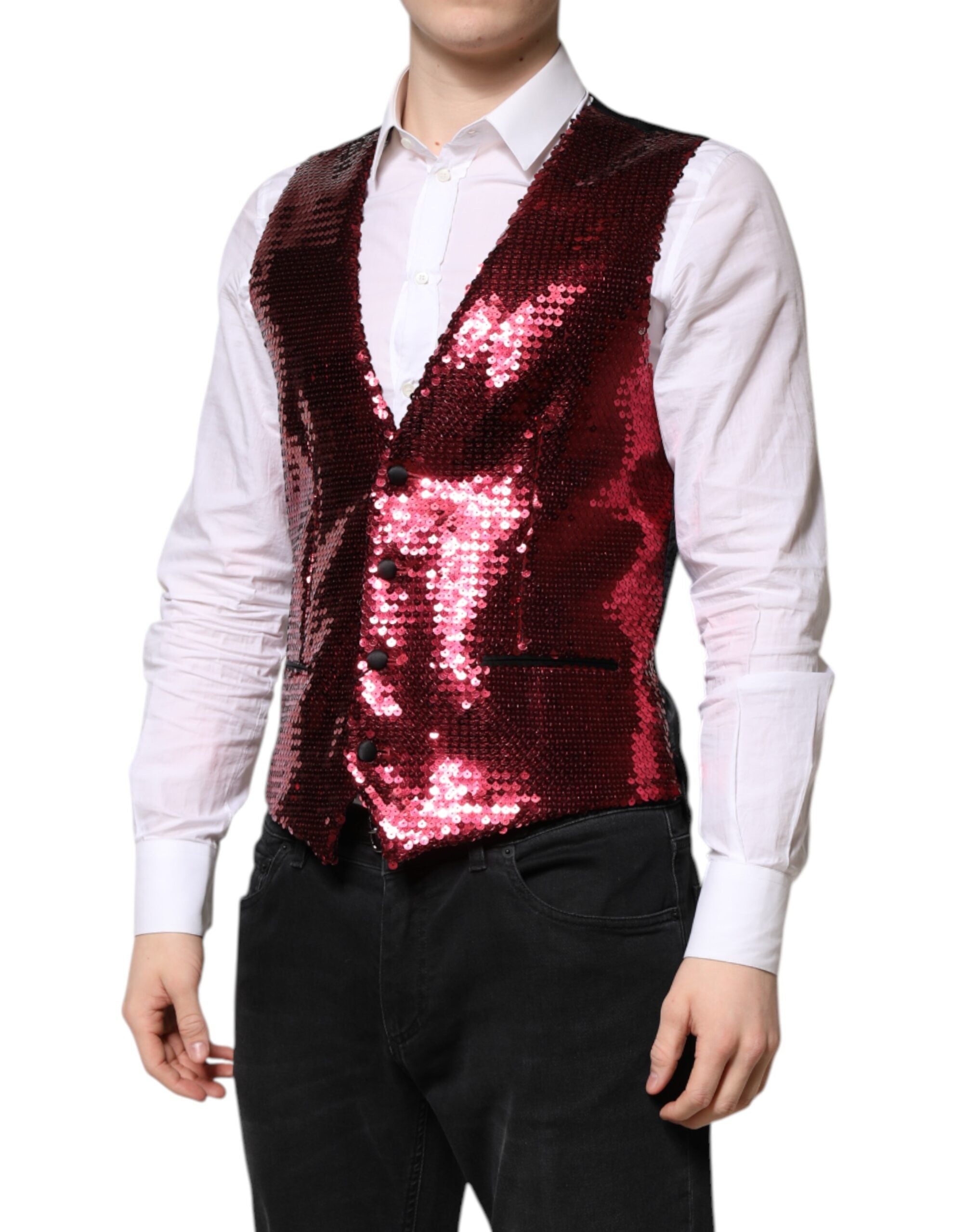 Dolce & Gabbana Rotes Paillettenkleid Formelle Männer Weste Weste-3