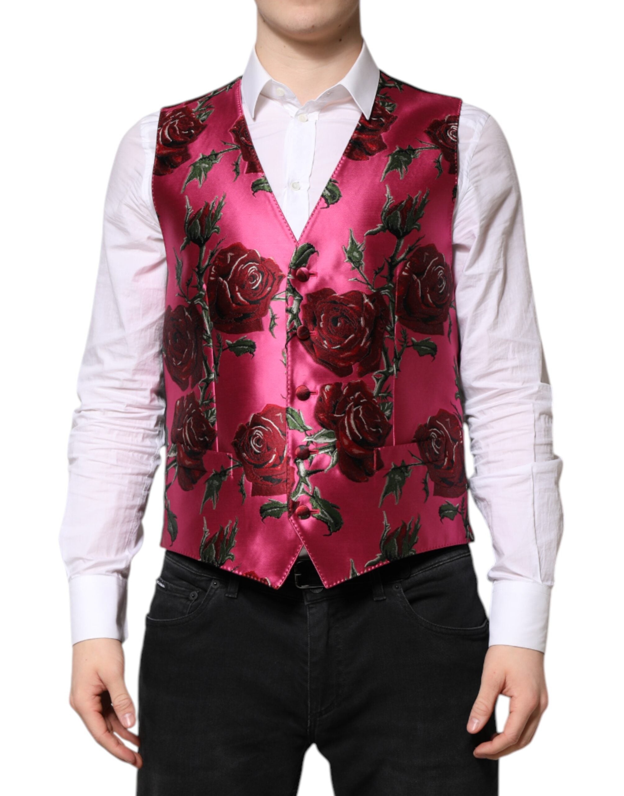 Dolce & Gabbana Pink Floral Satin Formal Men's Vest-2