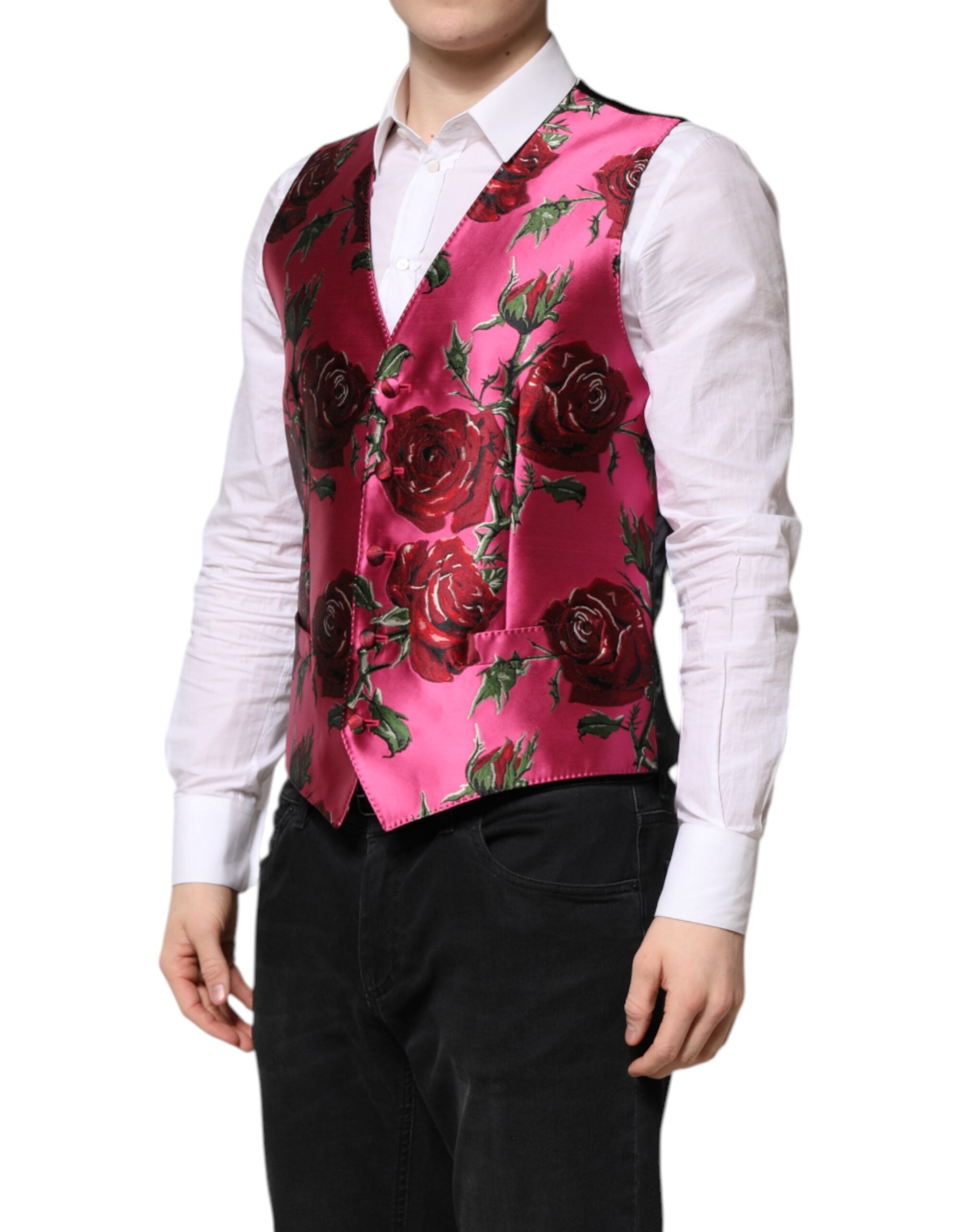 Dolce & Gabbana Pink Floral Satin Formal Men's Vest-3