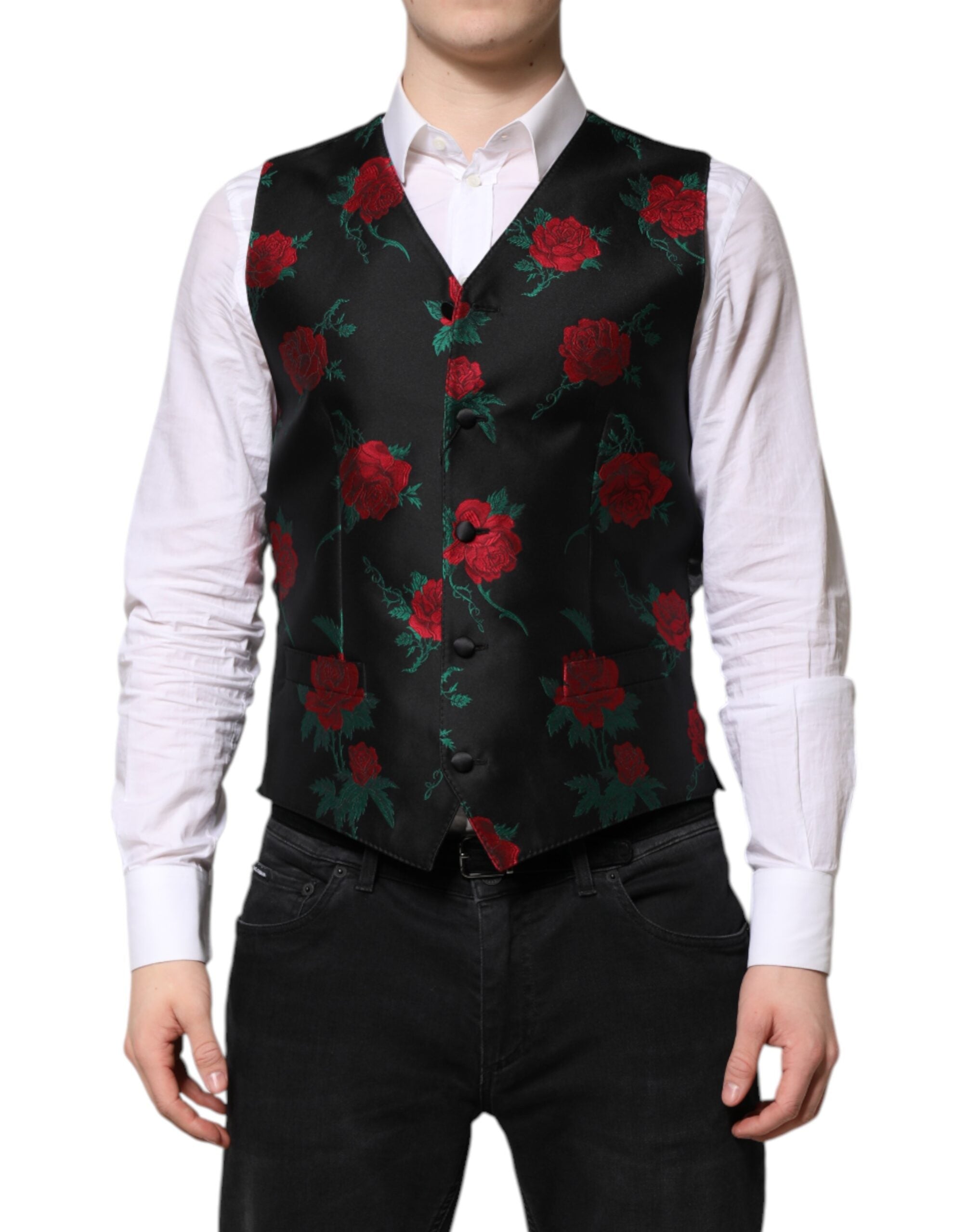 Dolce & Gabbana Rote Blumen Brokat Formal Männer Weste Weste-2