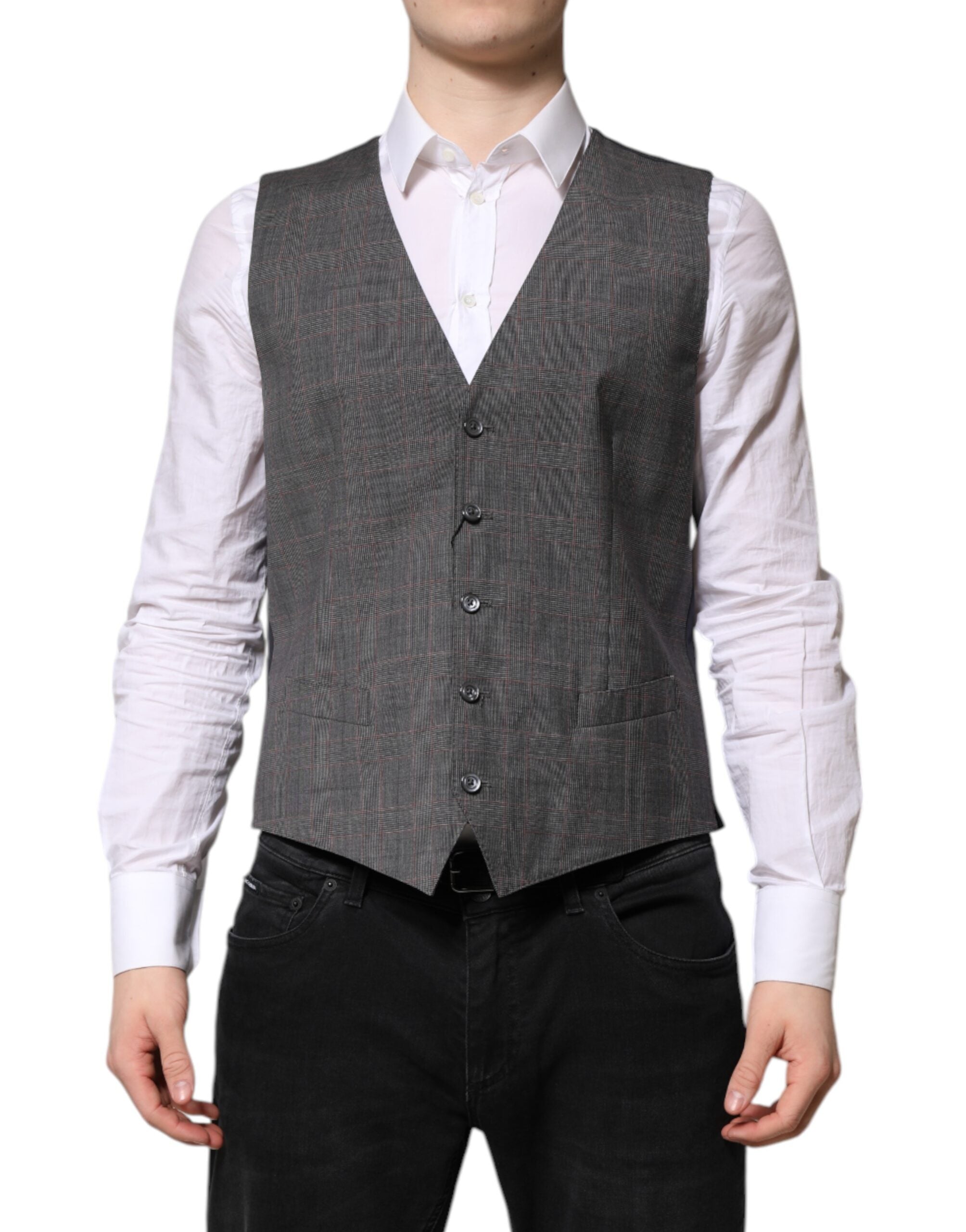 Dolce & Gabbana Grey Check Wool Vest for Formal Occasions-1