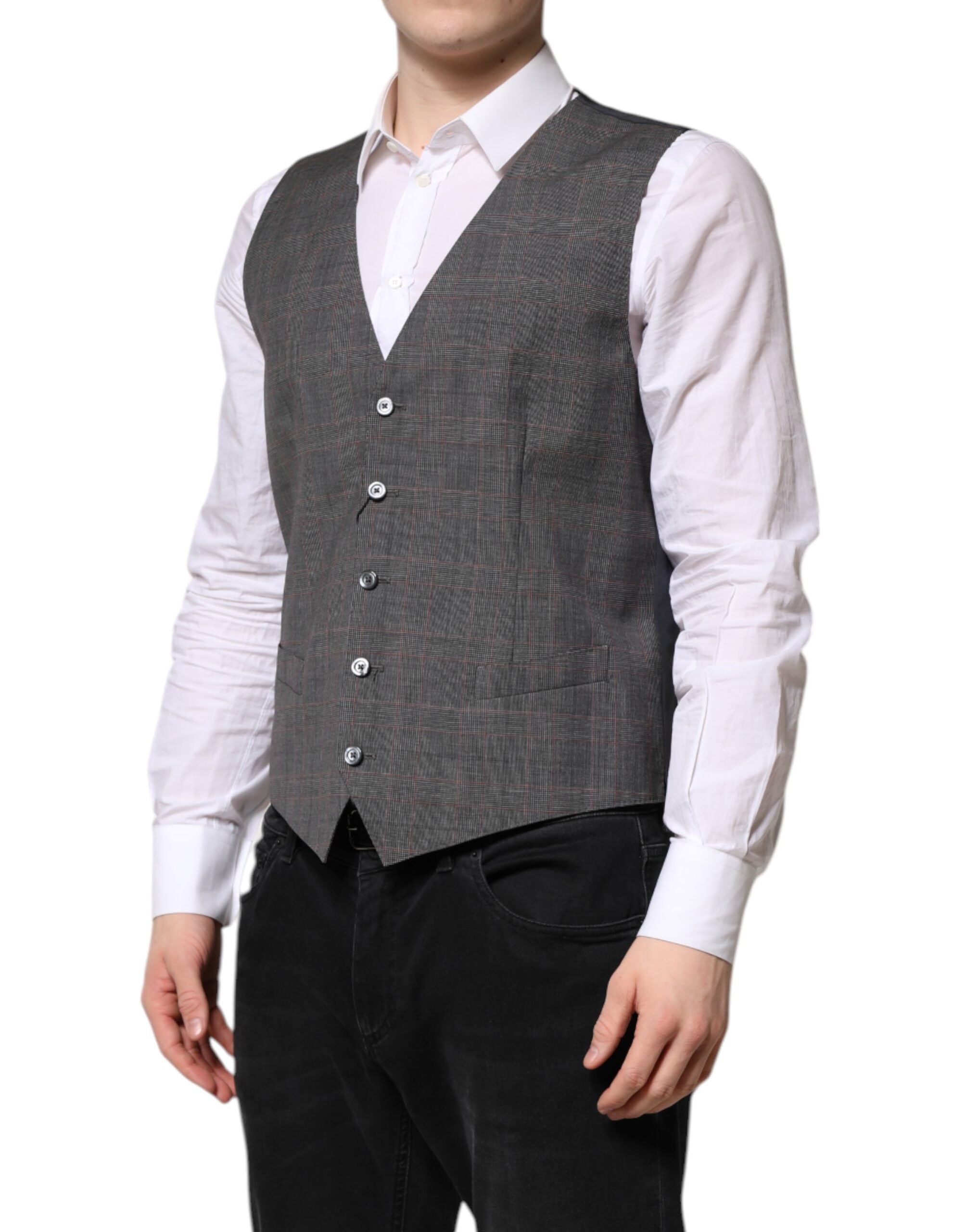 Dolce & Gabbana Grey Check Wool Vest for Formal Occasions-3