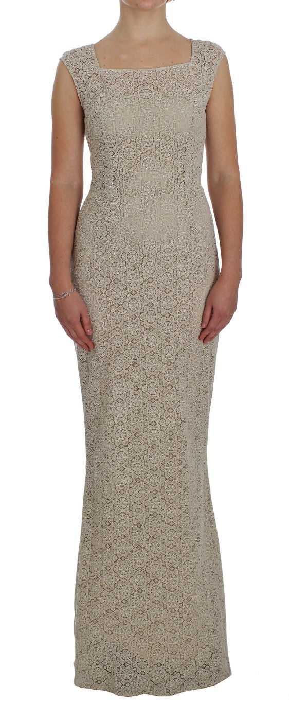 Dolce & Gabbana Beige Ricamo Cotton Sheath Dress with Neckline-1